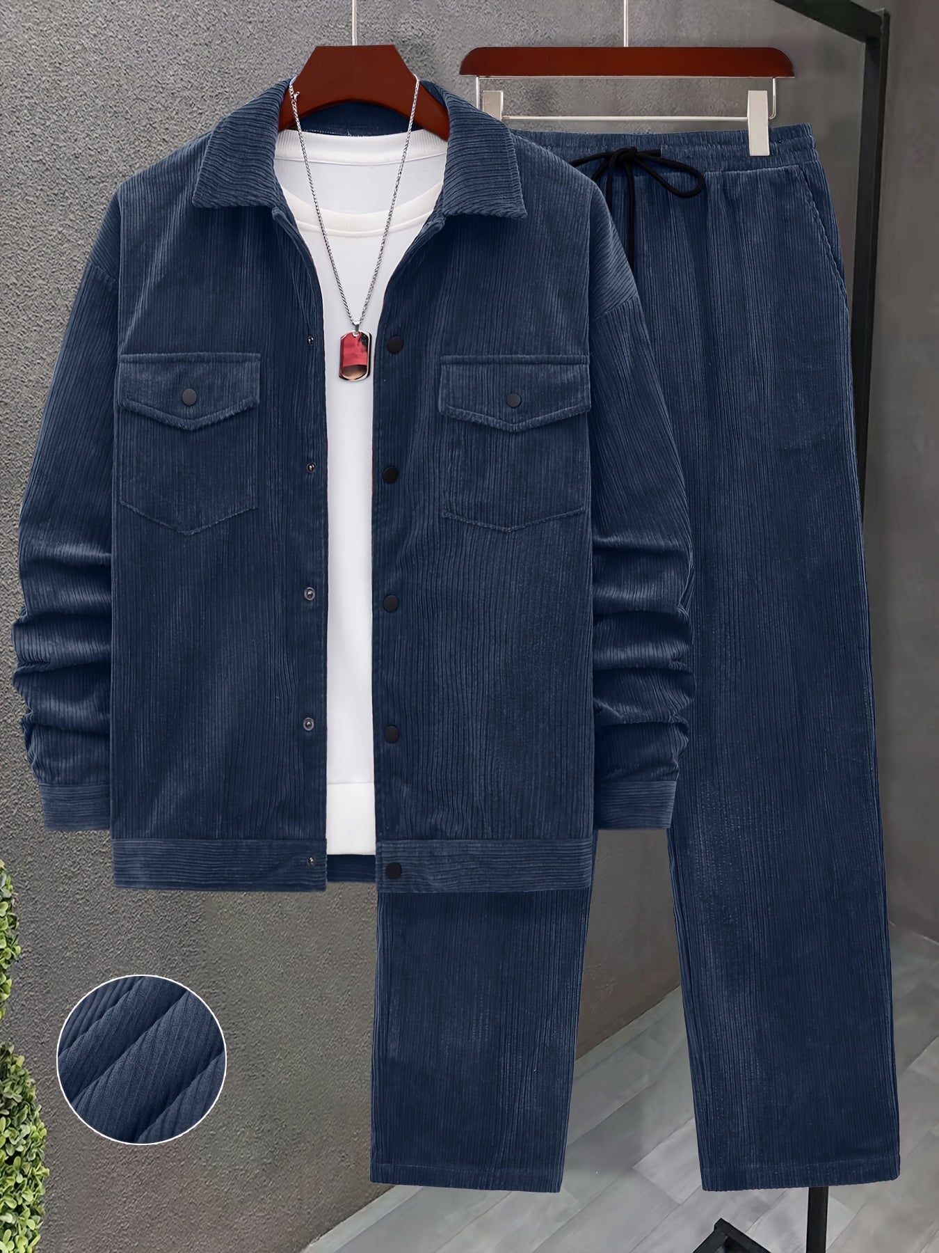 Men'S 2pcs Set of Woven Textured Fabric Work Bag Long Sleeve Jacket And Drawstring Casual Loose Pants Suit