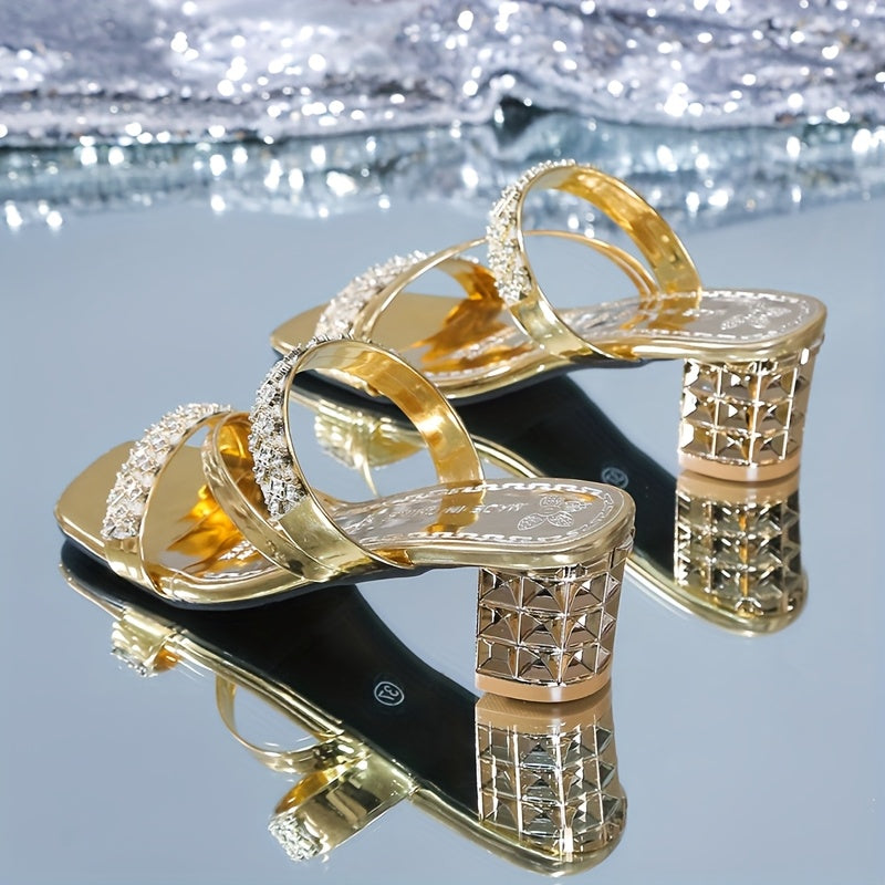 Elegant Women'S Summer Sandals - Sexy Open Toe with Glittering Square Toe, High Heel, and Rubber Sole for Outdoor Wear, Summer Footwear | Chic Sandals | Glossy Finish, Strappy Sandals