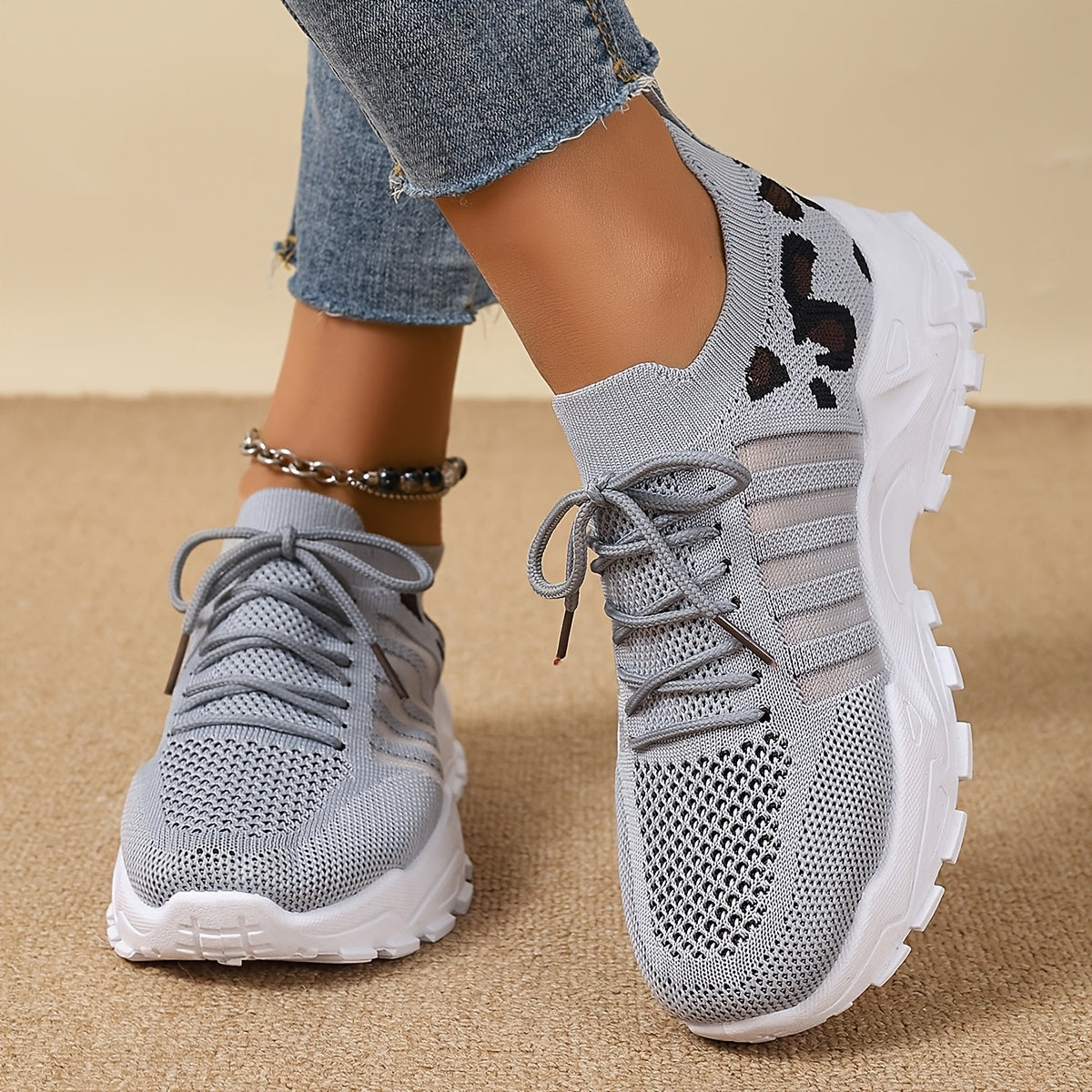 Women's Fashion Leopard Print Lace-Up Sneakers, Breathable Mesh Walking Shoes for Spring/Summer, Lightweight Comfortable Casual Sports Control Footwear with PVC Sole and Microfiber Insole