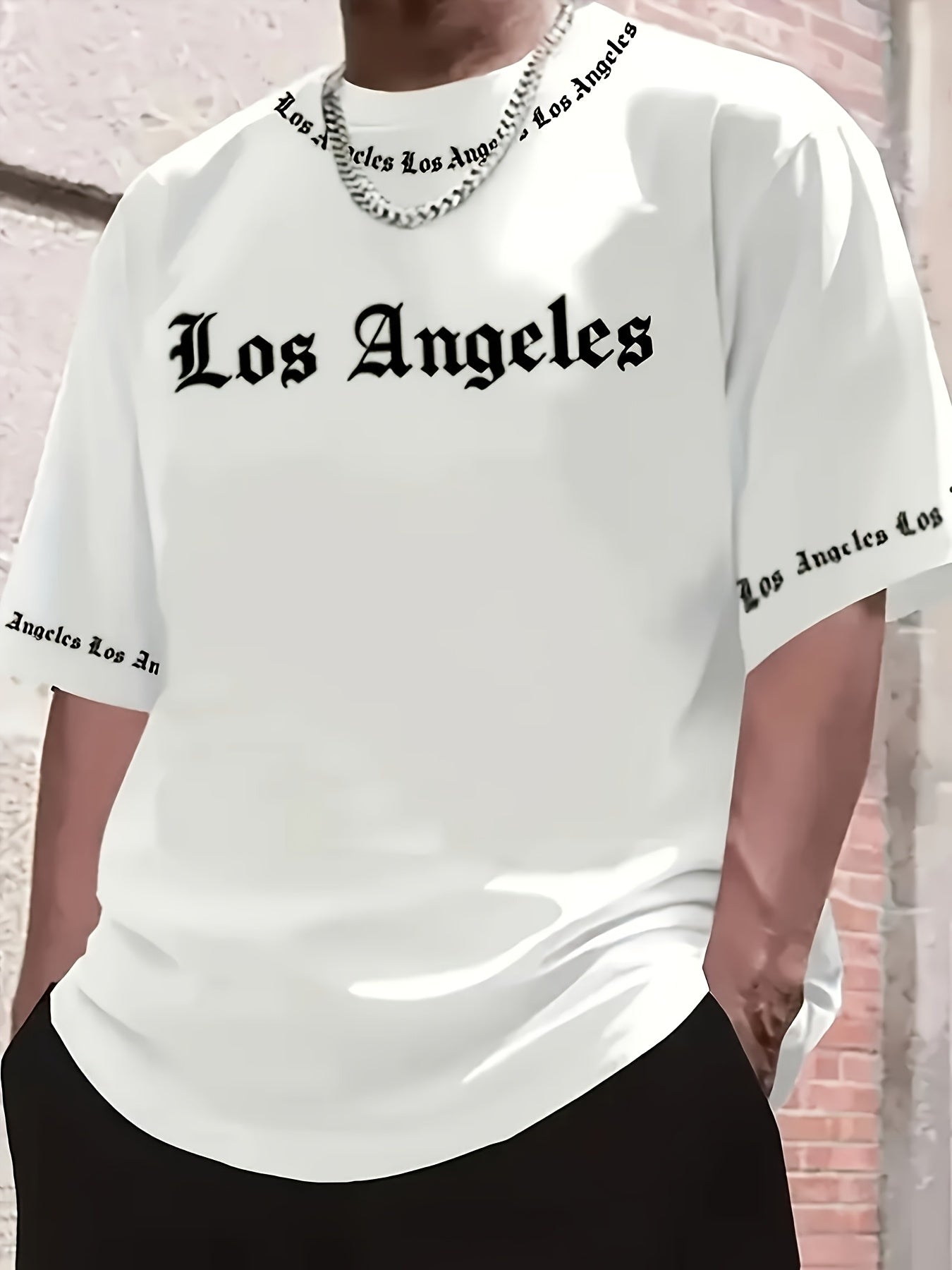 Men'S Los Angeles Graphic Print Casual Sportswear Set - Breathable Summer Short Sleeve T-Shirt & Drawstring Shorts with Pockets, Regular Fit, Crew Neck, Comfortable & Stylish for Casual Attire, Leisure Clothing | Trendy Sport