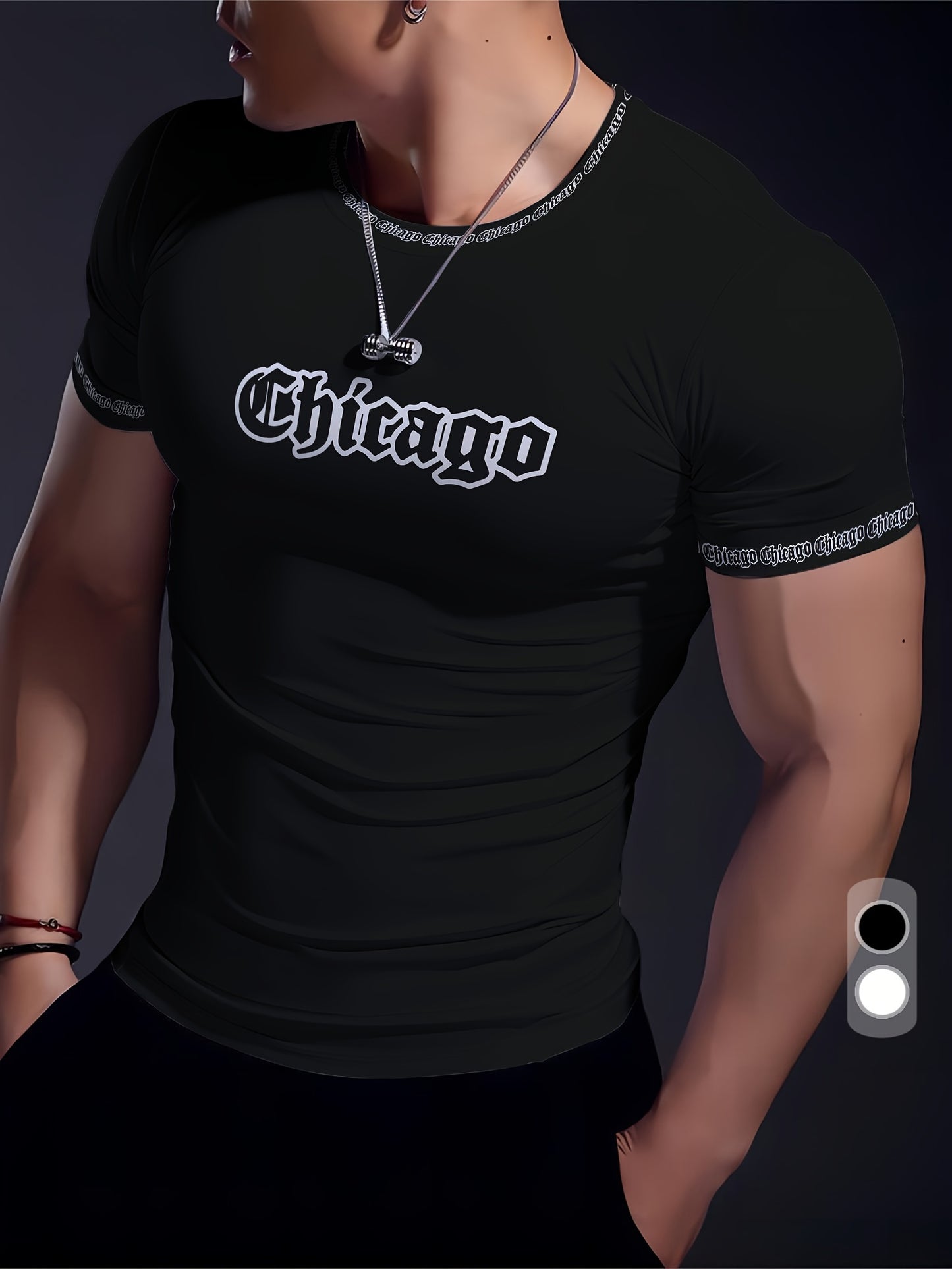 Men'S Chicago Print T-Shirt, Polyester-Spandex Blend, Crew Neck, Short Sleeve, Geometric Pattern, High Stretch, Tear Resistant, Sports & Casual Style, Summer Fit Top for Training, Yoga, Hiking & Festive Occasions