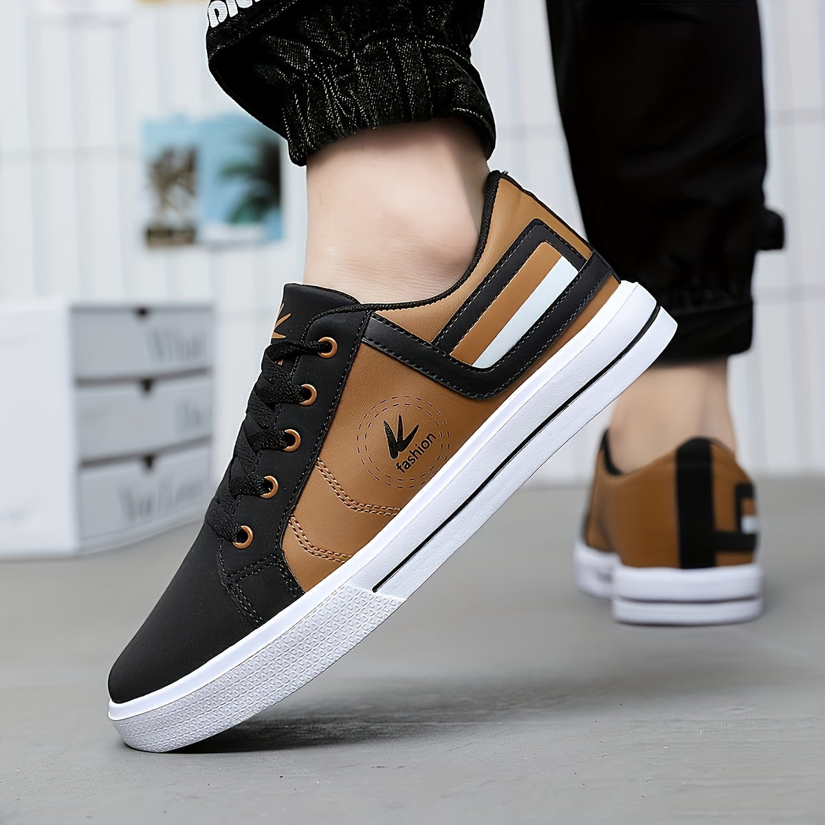 Athletic Chic | Men's Fashion Sneakers YY-9003, Casual Sports Low Top Lace-Up Shoes with Striped Microfiber Synthetic Upper, Fabric Inner & EVA Sole for Outdoor Running