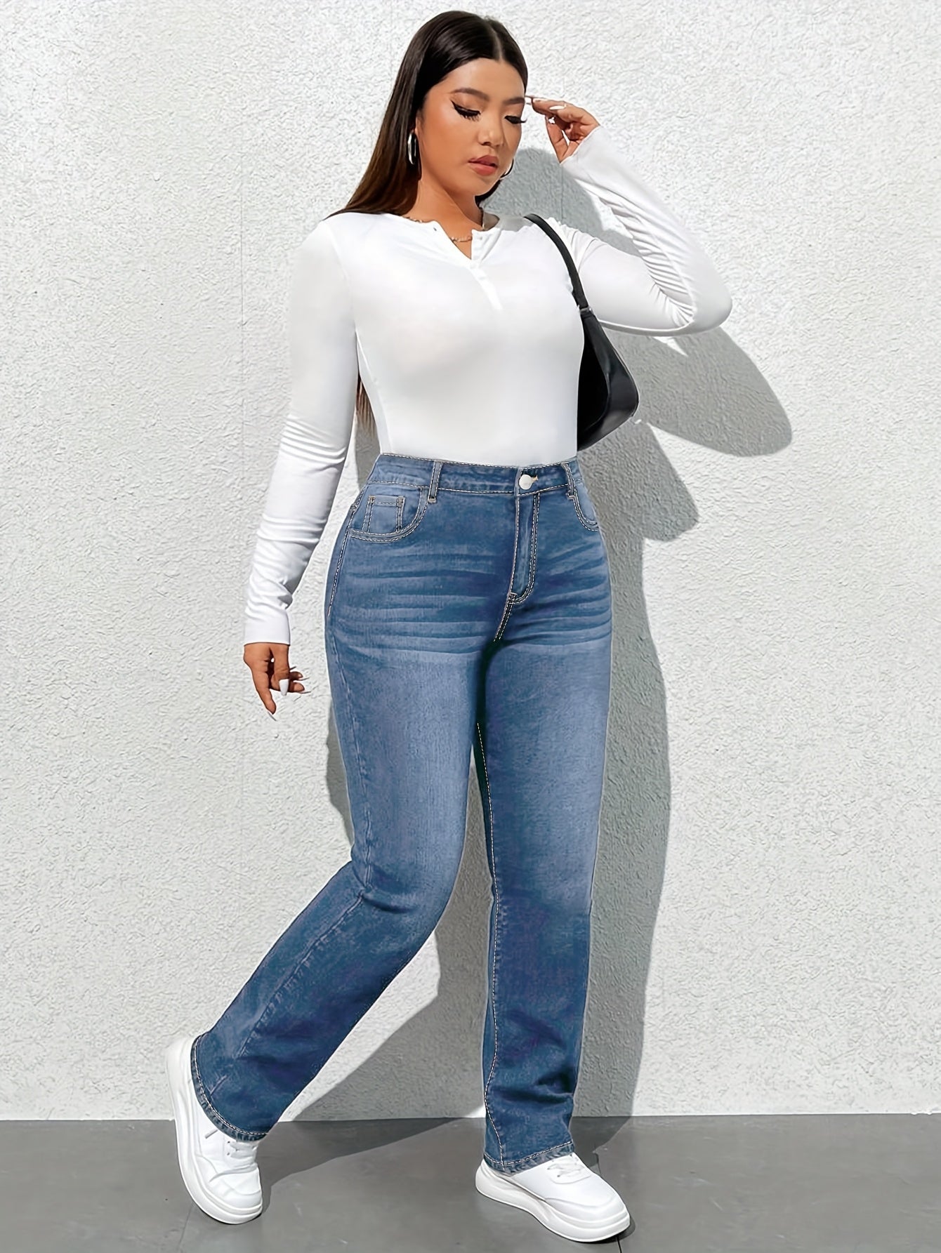 Women'S High-Waisted Straight Leg Jeans, 68.5% 25.7% Polyester 4.3% Viscose 1.5% Elastane, Casual Skinny Fit Denim Pants with Zipper Fly, All-Season Solid Color, 300g/m² Fabric Weight, Long Length - No Belt Required