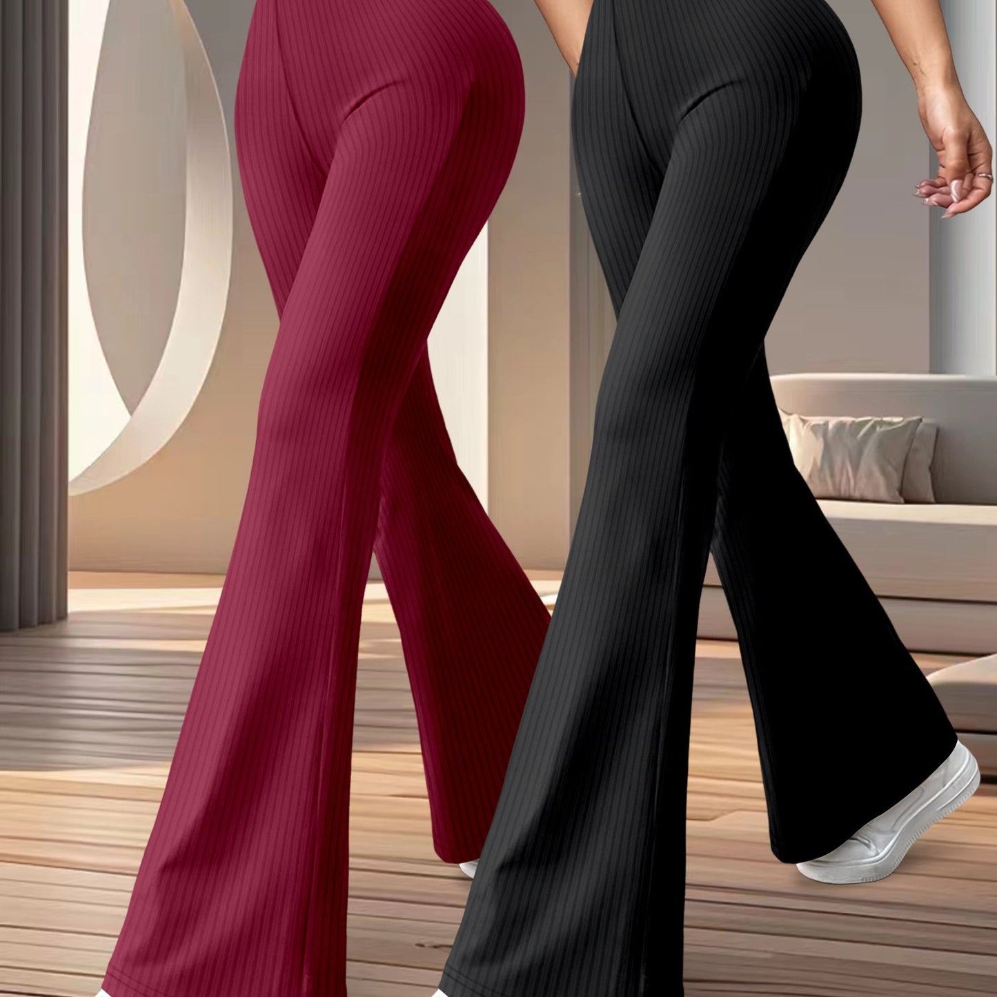 2-Pack Women'S High Waist Flare Leg Pants, Casual Stretchy Yoga Sports Trousers, 96% Polyester 4% Spandex, All-Season Knit Fabric, Solid Color Long Length Pants for Women