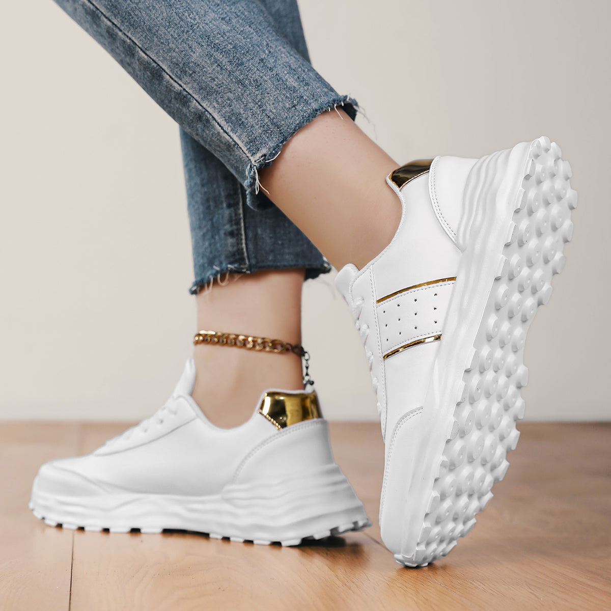 DJSUNNYMIX Women's Casual Running Shoes with Golden Glitter Accents - Lightweight EVA Sole, Breathable Fabric Lining, Low-Top Lace-Up Design for All-Season Comfort & Style, Sporty Footwear | Flexible Footwear