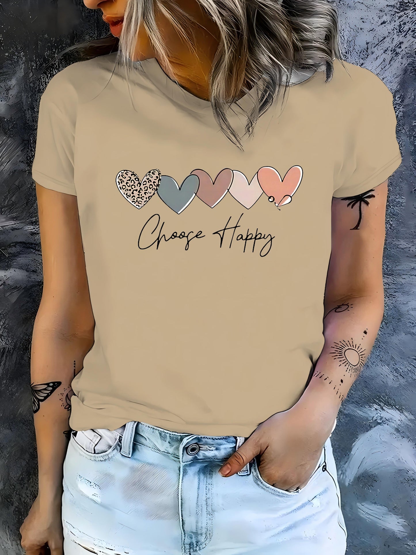 Women's Casual Sport T-Shirt, Round Neck, Heart And Happy Print, Short Sleeve, Soft Knit