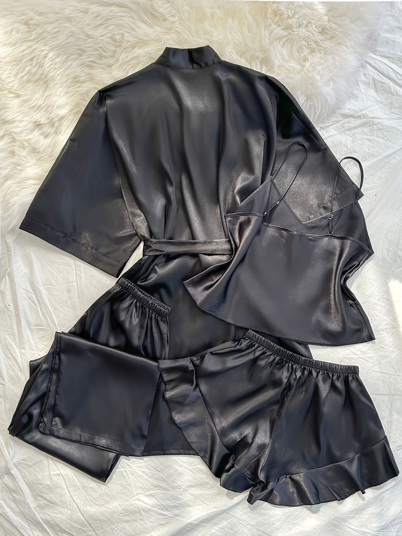 Women'S All-Season V-Neck Pajama Set - Comfortable, Sexy, Polyester 4pcs Sleepwear with Tie Waist And Drawstring Shorts, Perfect for Autumn And Winter, Autumn Winter Sleepwear | Stylish Sleepwear | Polyester Fabric