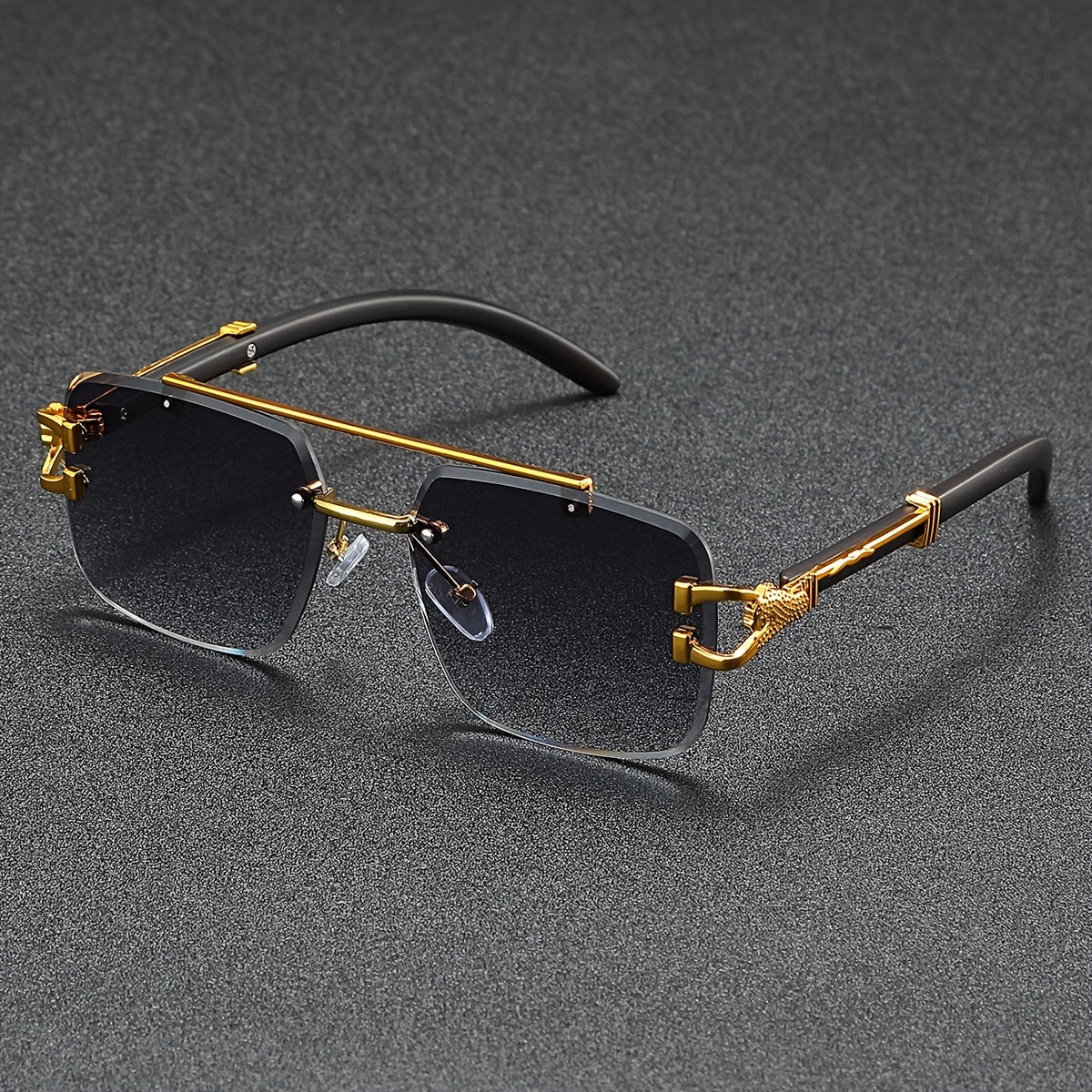 A Pair of Frameless, Beveled-Edge, Square Double-Beam Glasses, New Trendy Leopard-Print Fashion, Faux Wood Grain, Versatile for Men And Women, for Taking Photos.