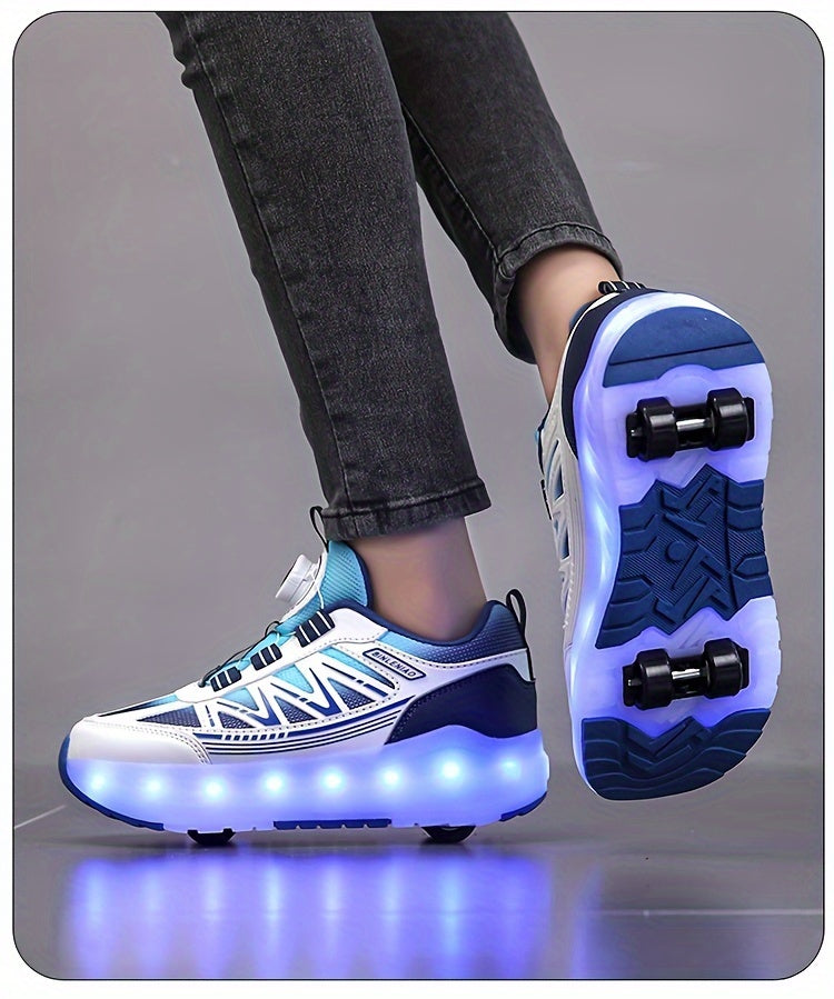 Youth Skate Shoes with LED Lights, Four-Wheel Detachable, Street Fashion, Trendy Style, Random Pattern, All-Season, Sports and Outdoor Scene, Roller Skating, Rotary Buckle Closure, Breathable and Adjustable Brightness, Upper,