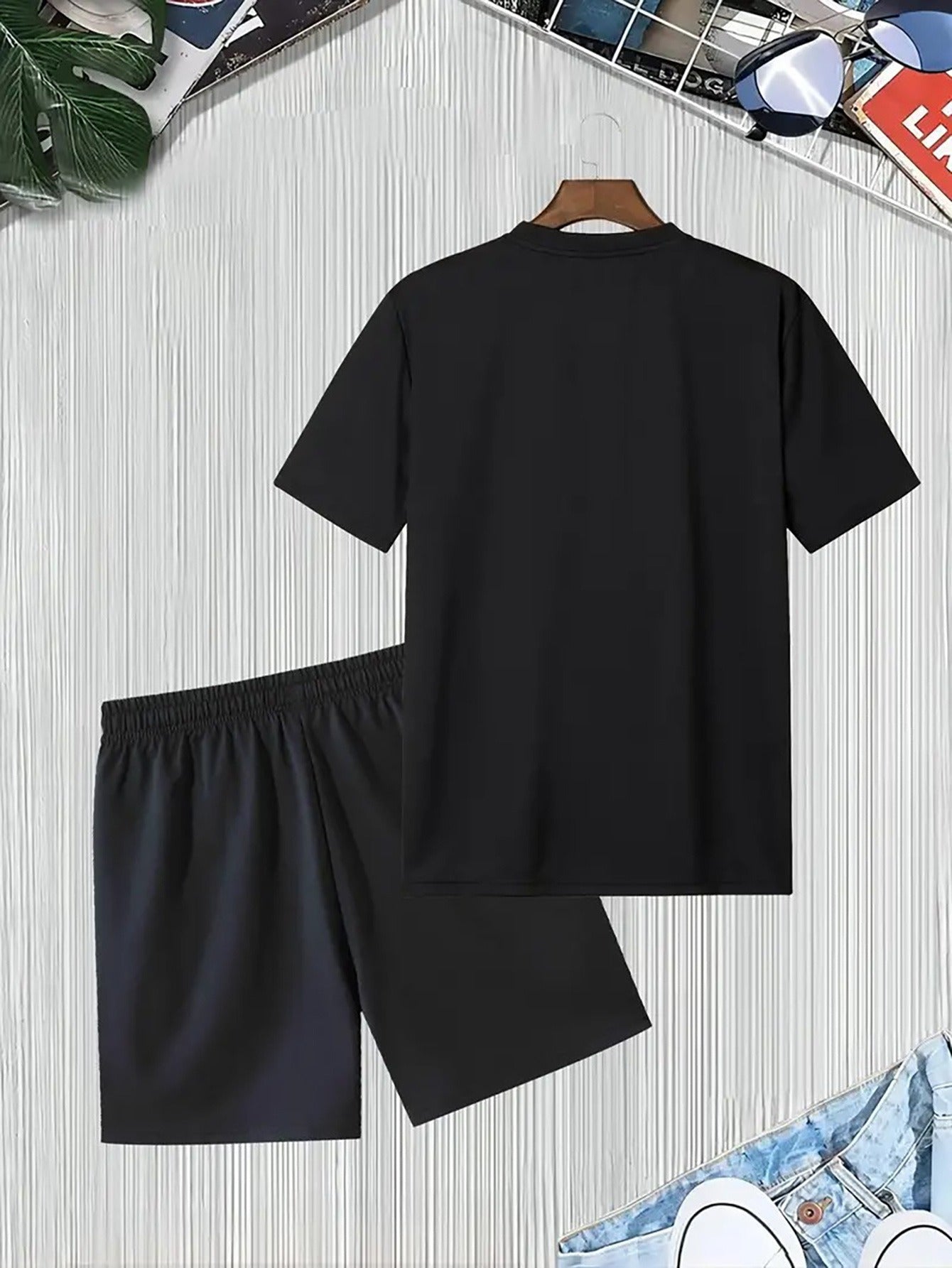 Men'S Summer Casual Sport Two-Piece Set - LADA Letter Pattern Print T-Shirt and Black Drawstring Shorts, Casual Sportswear, Regular Fit - Perfect for Summer Outdoor