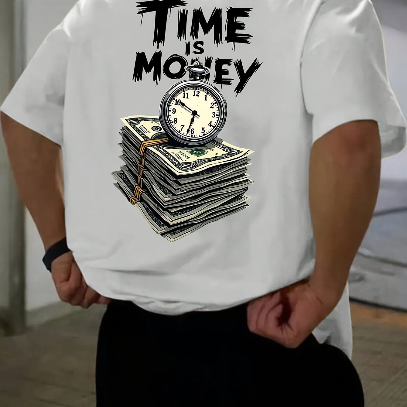 Men'S Casual Short Sleeve T-Shirt with "Time is Money" Clock & Stack of Cash Graphic - Lightweight Polyester, Loose Fit, Round Neck, Perfect for Spring & Summer Outdoor Wear, Relaxed Fit Shirt | Bold Graphic Tee | Glossy Text