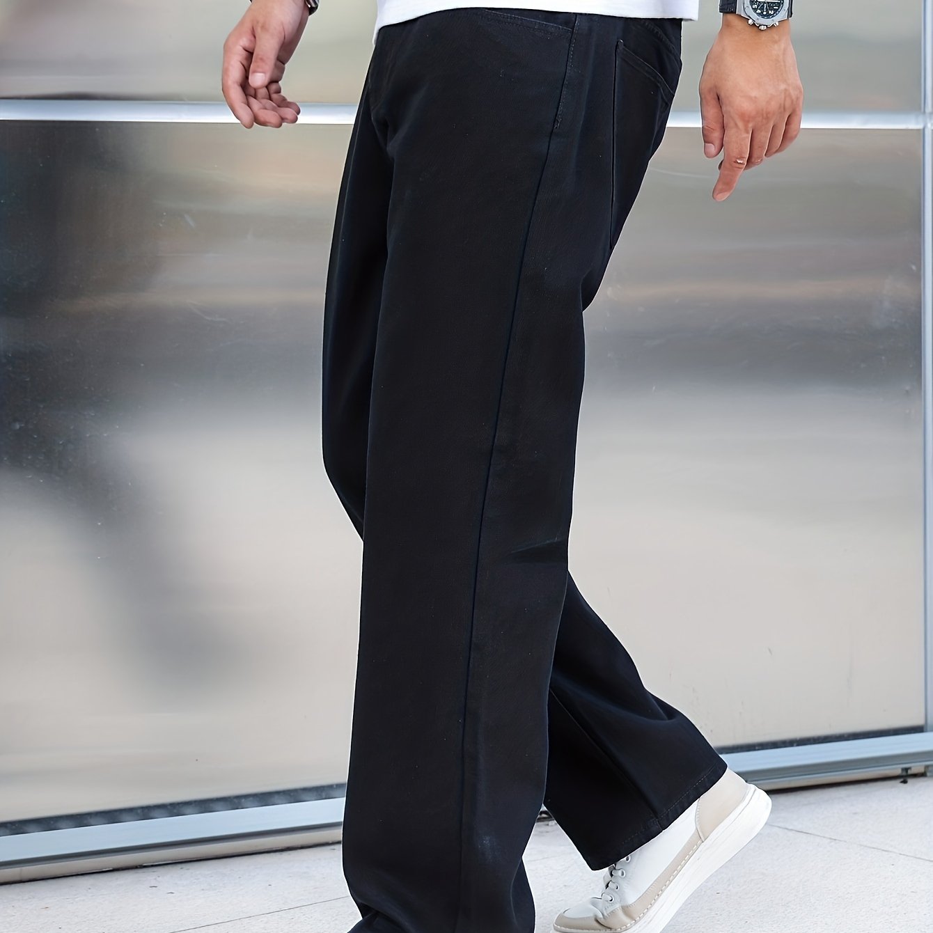 Men's Loose Fit Wide Leg Jeans, Street Style Stretch Casual Pants