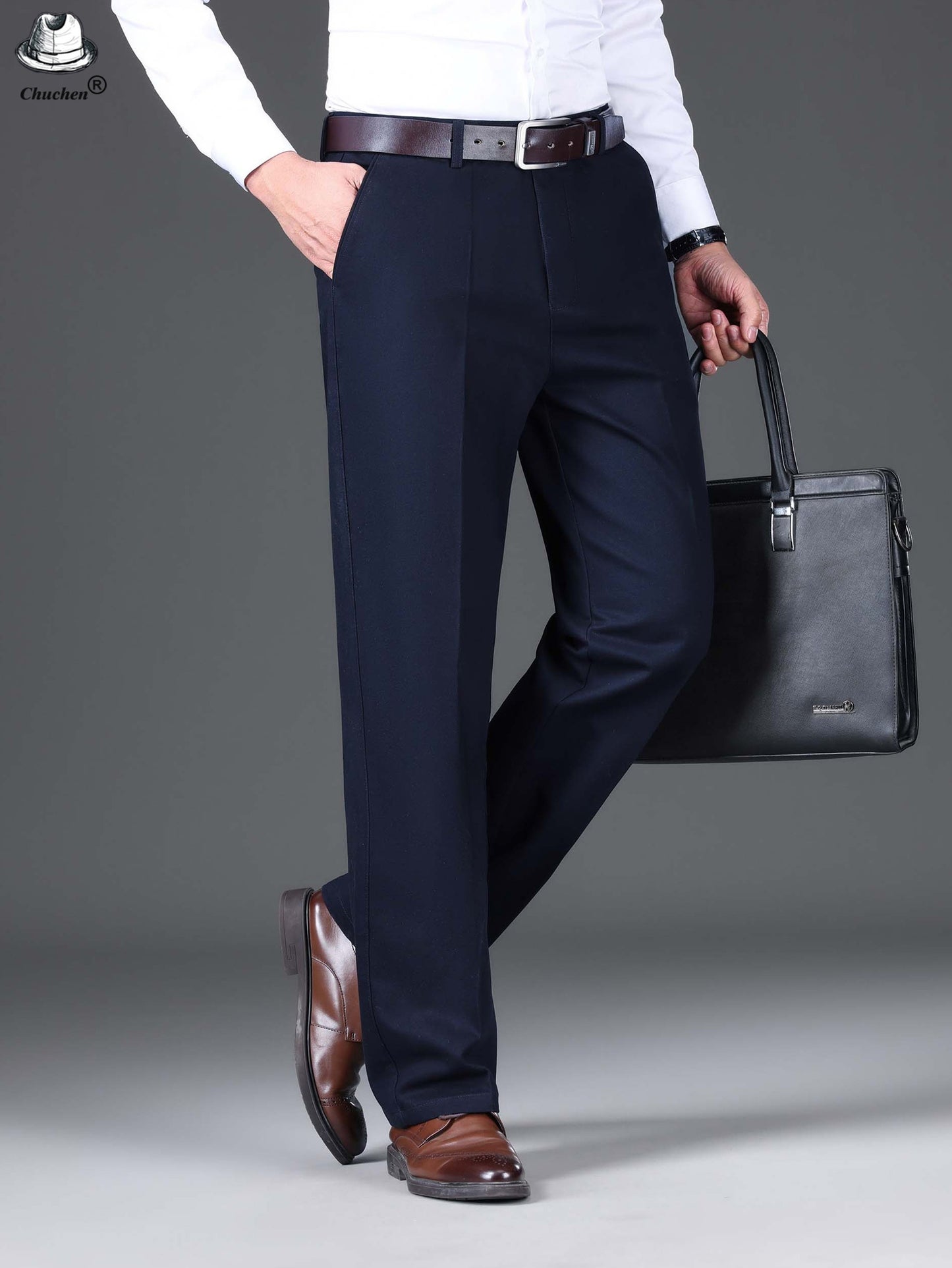 1pc Classic Fit Men'S Dress Pants - 100% Cotton, Solid Color, Non-Stretch, Regular Length, for Autumn/Winter - Business Casual Style