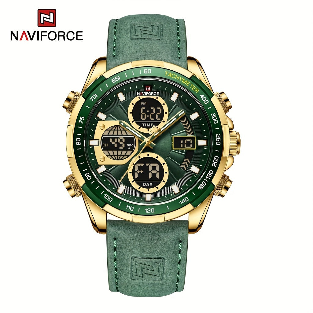 NAVIFORCE Men's Luxury Sports Quartz Watch - Waterproof, Genuine Leather Strap, Dual Display with Date & Chronograph Functions, Case, Green Accents, Luxury Timepiece|Tachymeter Equipped|Genuine Leather Band Valentine's Day