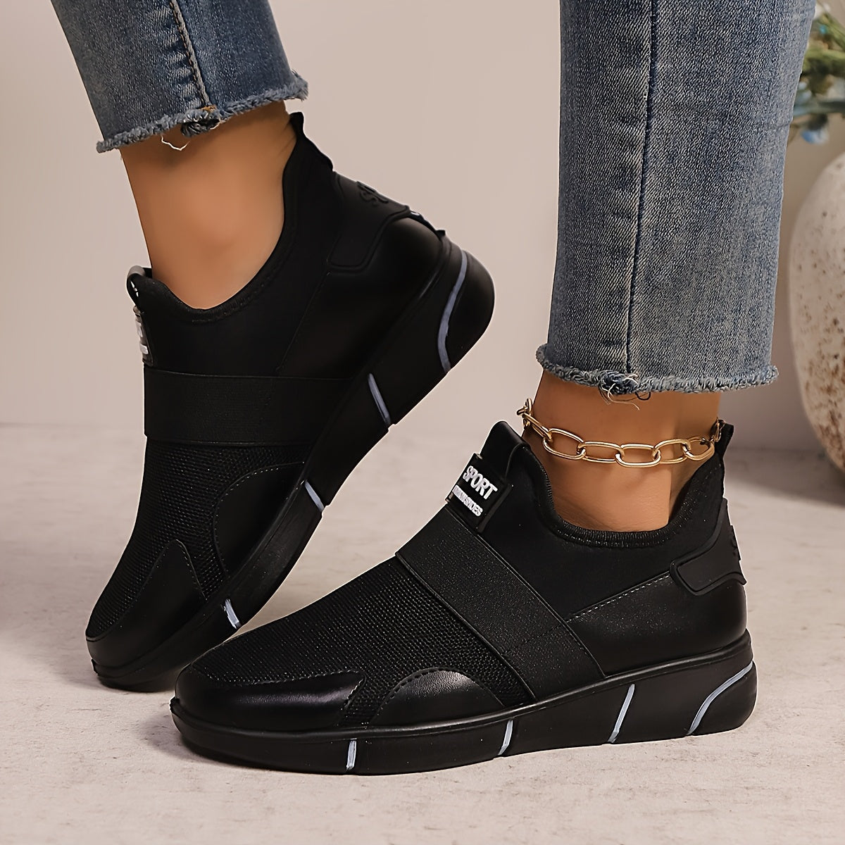 Women's Slip-On Sneakers - Lightweight Knit Upper, Breathable Design, Comfortable Casual Shoes with Strap, Black & Golden Accents, Round Toe for All-Day Wear, Sporty Sneakers | Round Toe Shoes | Flexible Sole, Ladies Sneakers