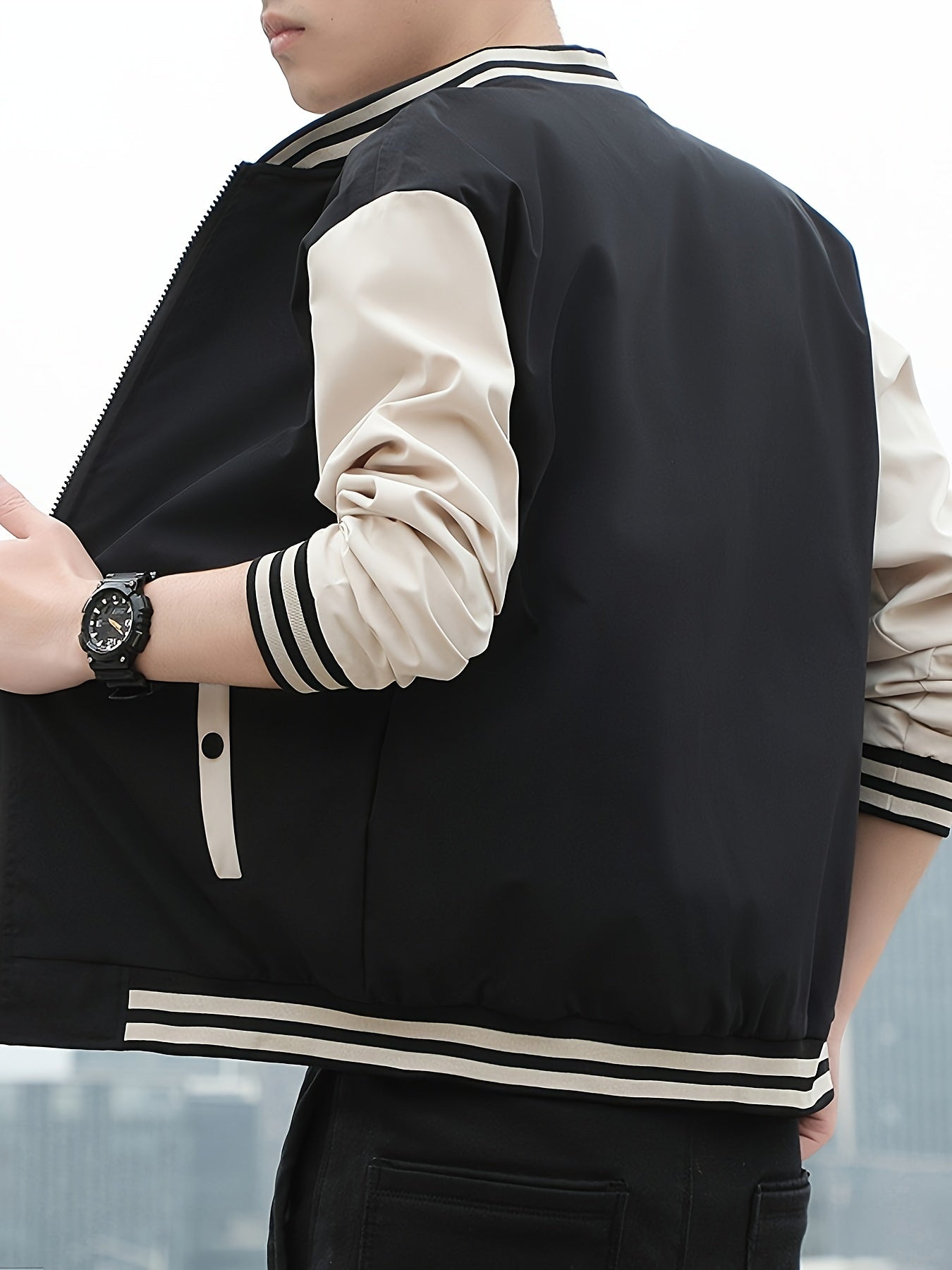 Men'S Lightweight Geometric Pattern Bomber Jacket - Casual Long Sleeve Zip-Up with Pockets, White & Gray, Polyester Lining, Perfect for Fall, Autumn Jacket
