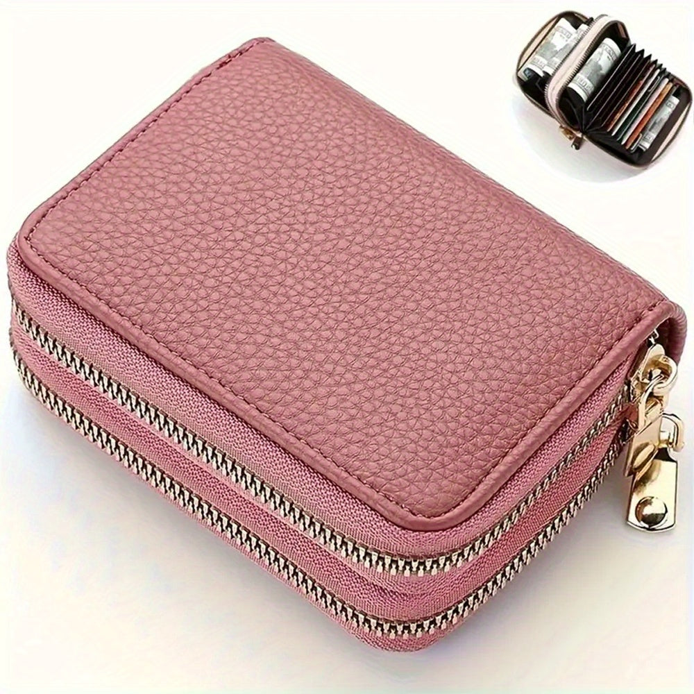 Fashion Double Zipper Wallet, Litchi Pattern Double Layer Short Credit Card Document Bag, Versatile Multicolor Coin Purse