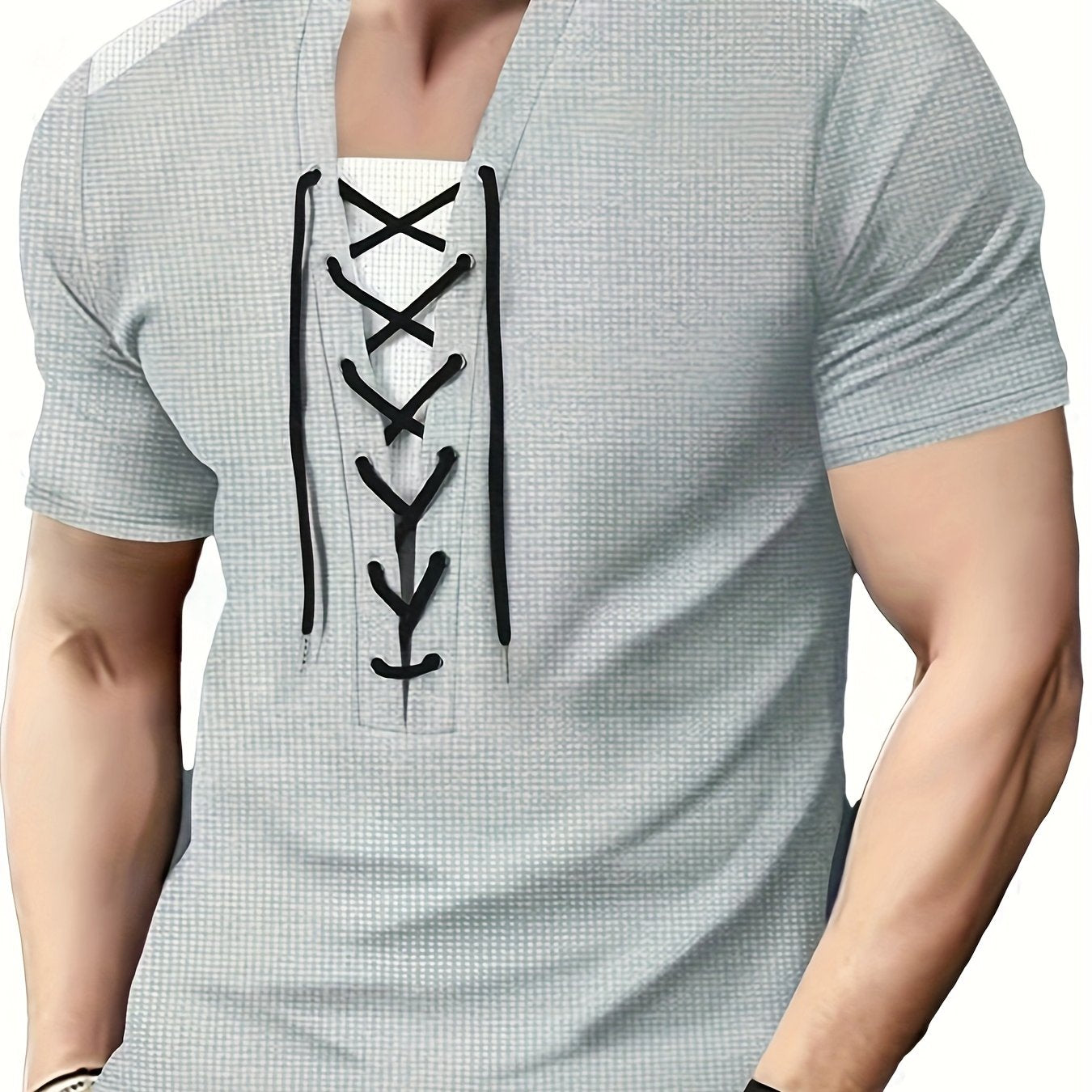 Men'S Casual Waffle Knit Short Sleeve T-Shirt with Drawstring Detail - Maroon & Black, Round Neck, Breathable Polyester Fabric for Summer Outings, Casual Weekend Wear | Round Neck Tee | Stylish Contrast Stitchin