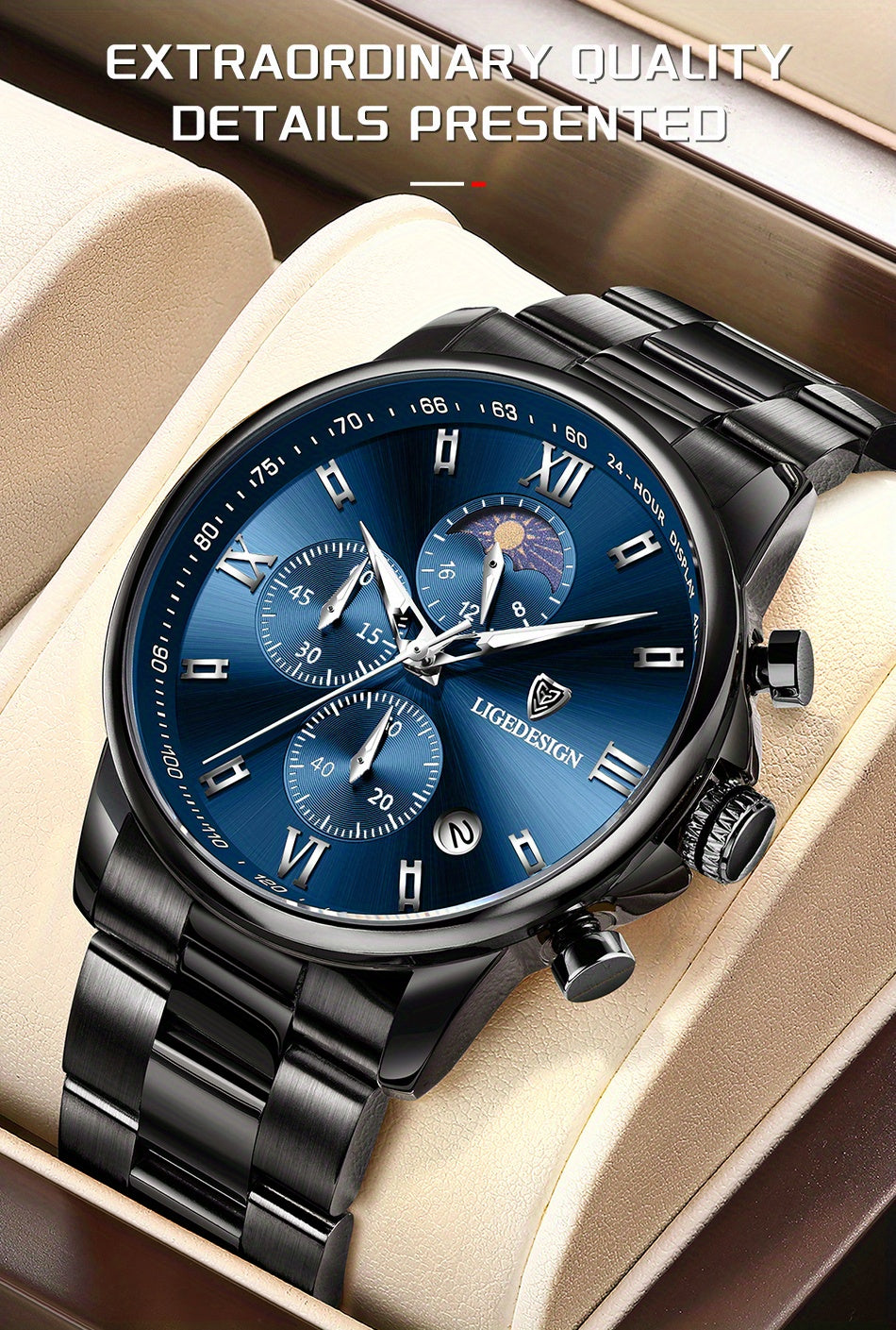 LIGE Black Blue Quartz Watch with Calendar, Exquisite & Simple Dial Stainless Steel Strap Multiple Colors High-quality Wrist Watch
