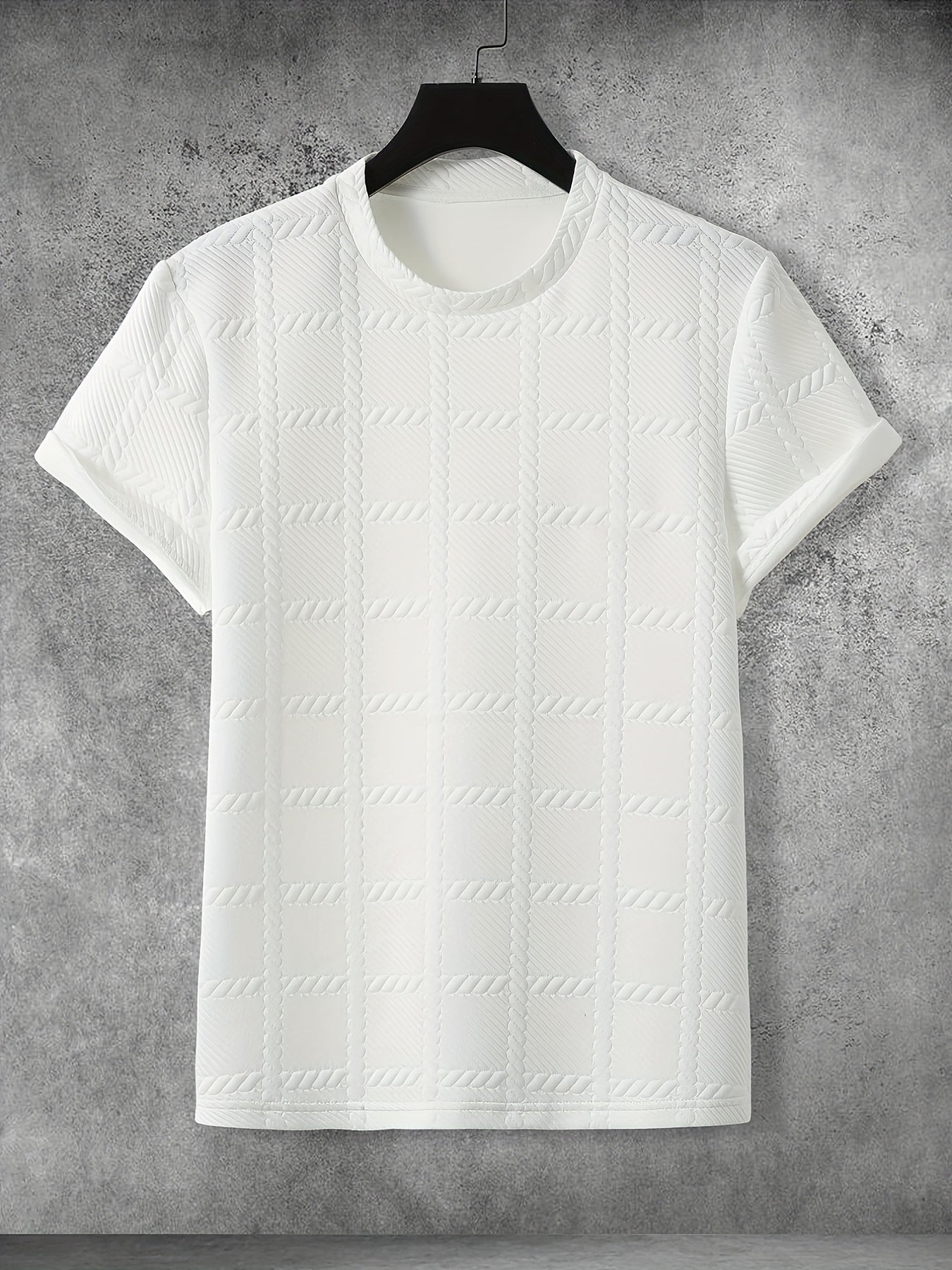 Men'S Casual Embossed Pattern Short Sleeve T-Shirt, 100% Polyester Crew Neck Knit Fabric, Slight Stretch, Solid Color Top