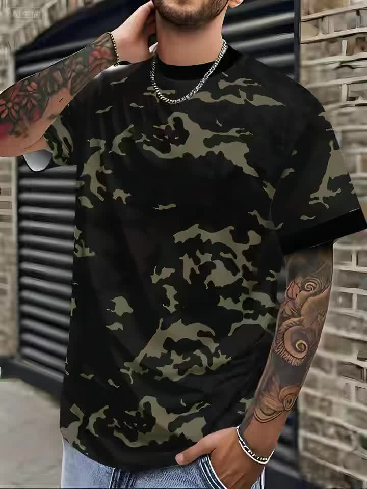 Men'S Camo Print T-Shirt - Short Sleeve, Regular Fit, Casual Style with Skull & Floral Design, Black with Brown/Beige Camouflage Pattern, Perfect for Casual Attire, Everyday Tshirt | Camo Print Tee | Stretchable Fabric
