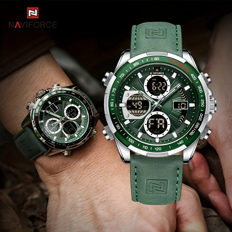 NAVIFORCE Men's Luxury Sports Quartz Watch - Waterproof, Genuine Leather Strap, Dual Display with Date & Chronograph Functions, Case, Green Accents, Luxury Timepiece|Tachymeter Equipped|Genuine Leather Band Valentine's Day