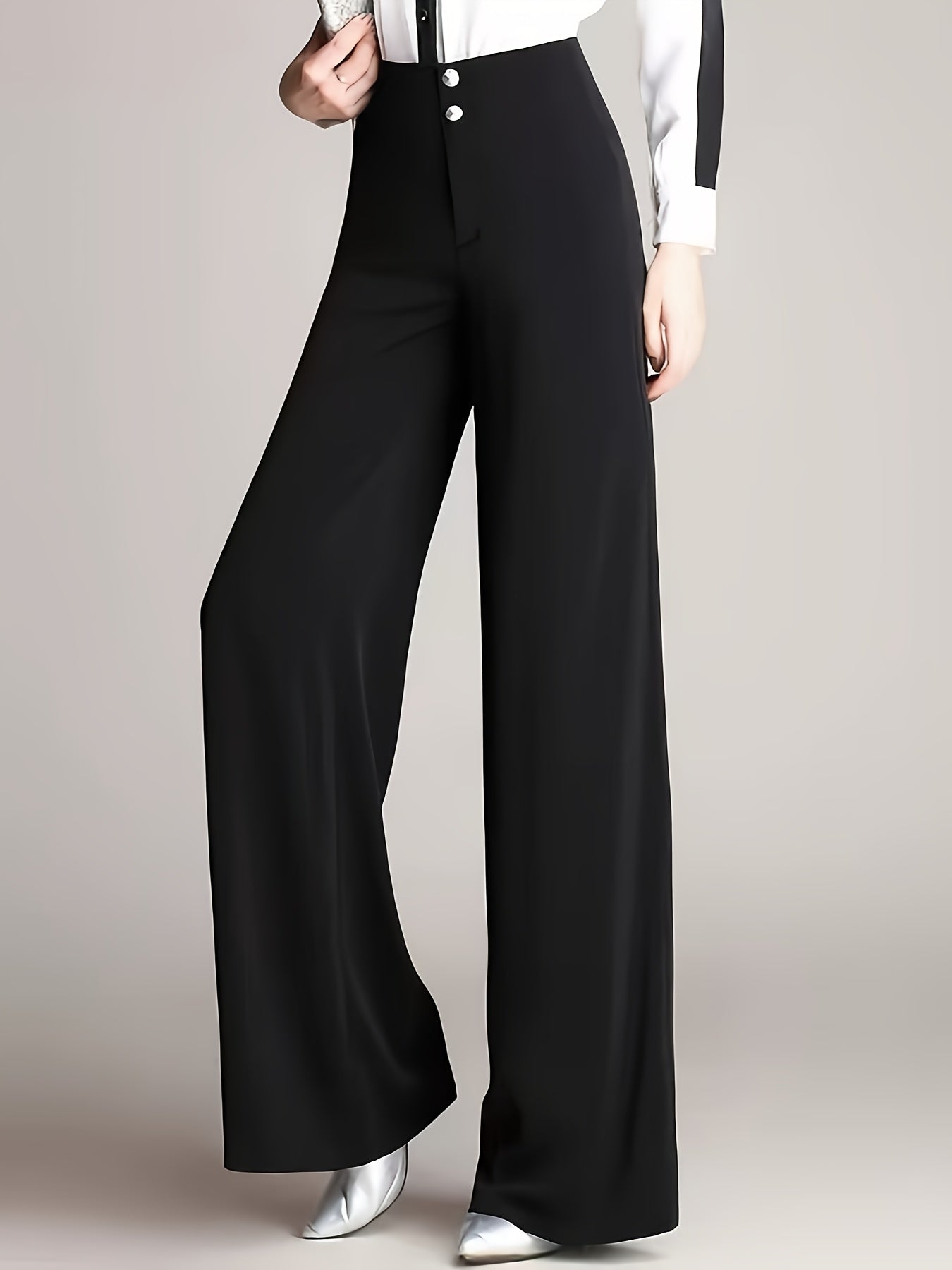 Women'S High-Waist Wide Leg Pants, Casual Solid Color Polyester Blend (94% Polyester, 6% Elastane), All-Season Straight Leg Trousers with Double Button Detail, Zipper Fly Closure, 200g/m² Woven Fabric, Perfect for Going Out