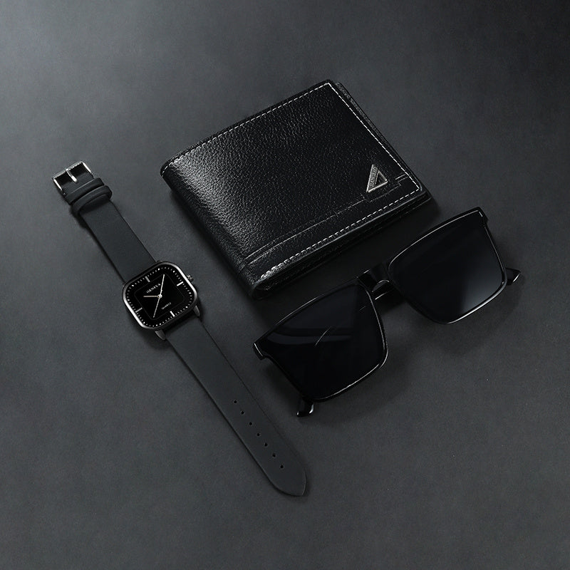 3pcs Men's Watch Set Fashionable Men's Watch and Glasses Wallet Set