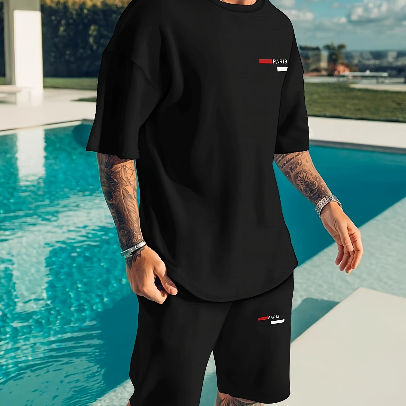 Men's Paris Letter Graphic T-Shirt - Black with Red Print, Breathable Polyester Round Neck Streetwear Tee for Summer, Casual & Outdoor Wear, Outdoor Clothing | Trendy Tshirt | Relaxed Fit Shirt