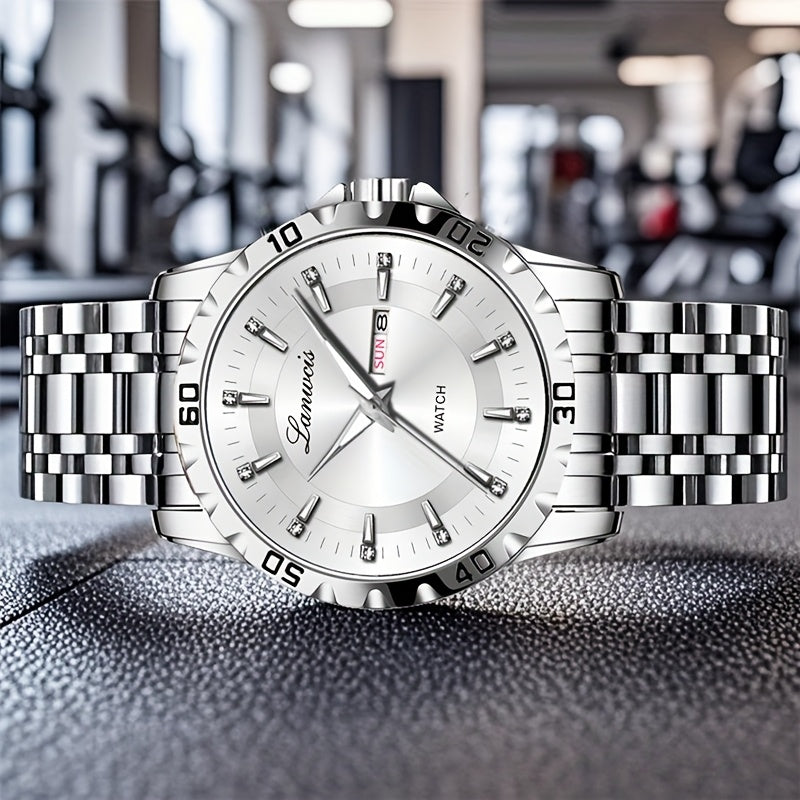 Luxury Men'S Quartz Watch - Sleek Round Dial with Dual Calendar, Luminous, Waterproof, Stainless Steel Band - Ideal Business Gift, Business Gift Watch|Minimalist Timepiece|Luminous Watch Face, Watch Accessories