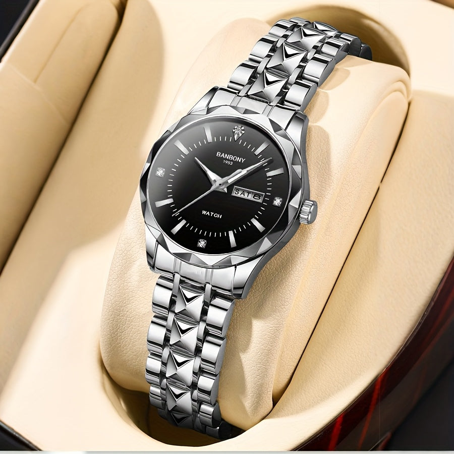 1pc BANBONY Women's Stainless Steel Quartz Watch with Rhinestone Accents, Scratch-Resistant Luminous Dial, IPX7 Waterproof, Week Calendar Display, Blue Dial & Golden-Tone Case - Luxury Casual Sports Watch for Birthdays, Holid
