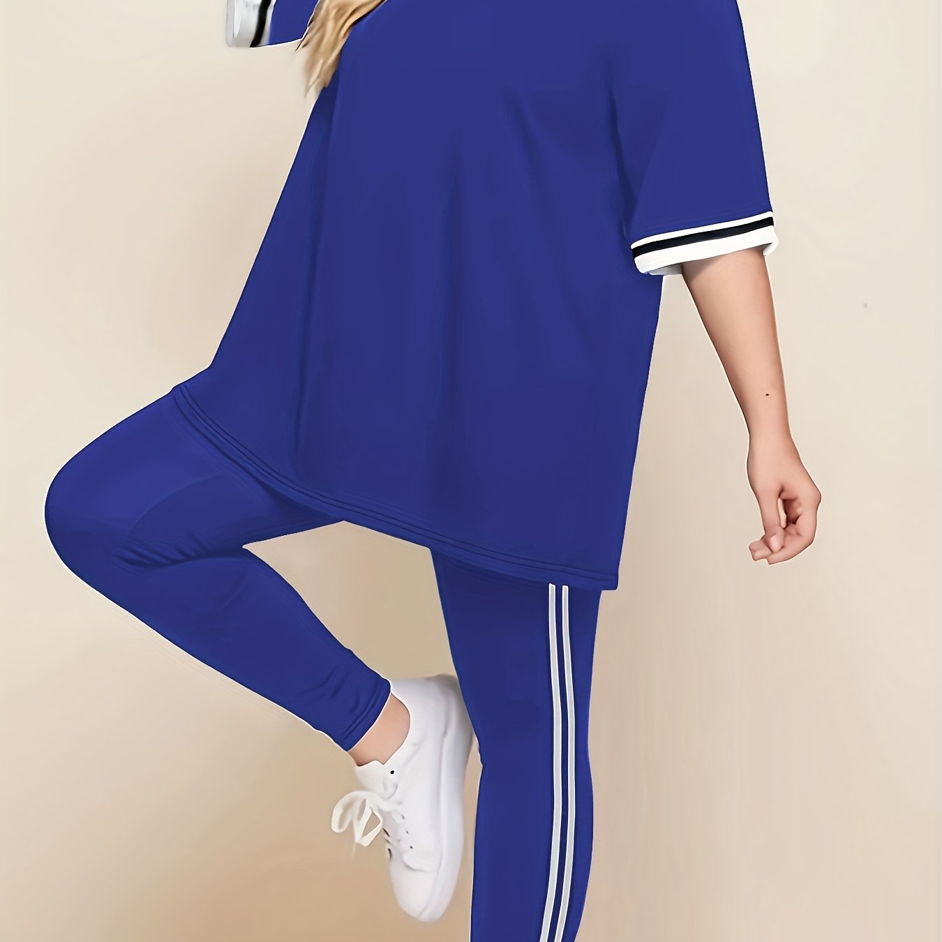 Women'S Plus Size Casual Lounge Set - Gray & White Striped Oversized T-Shirt with Matching Joggers, Comfortable All-Season Home Outfit, Joggers for Women