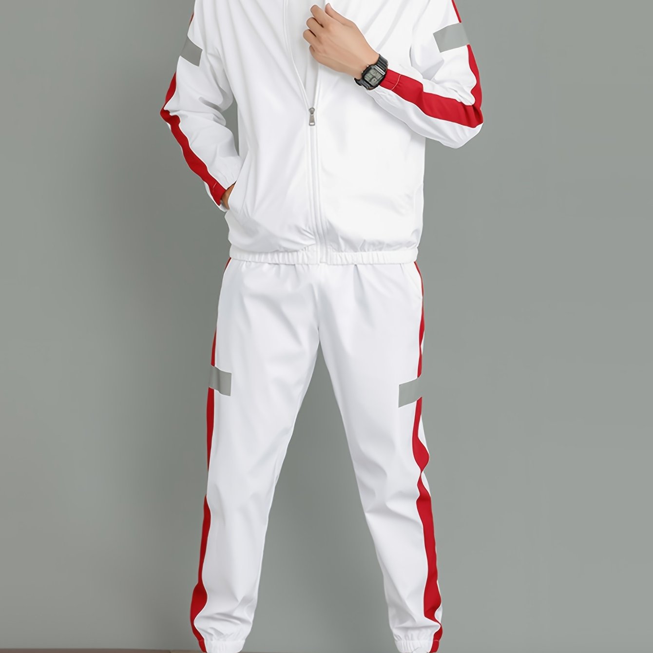 Men's Casual Sportswear Set - Black and White Striped Zip-Up Jacket with Reflective Accents & Matching Joggers, Polyester, Machine Washable, Ideal for Spring & Fall, Jogging Pants