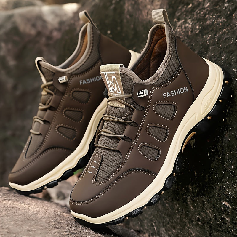 Men'S Breathable Comfortable Casual Low-Top Sneakers - Stylish Woven Knit Design, Lightweight Skate Shoes for All Seasons, Brown & Beige Colorway, Slip-On with Elastic Straps, Round Toe, PVC Sole, Fabric Lining, Casual Footwe