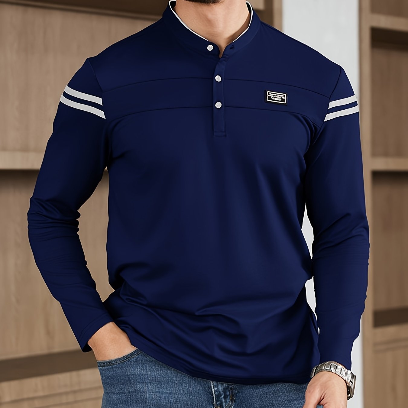 Men'S Casual Long Sleeve T-Shirt - Solid Color with Stand Collar & Stripe Polo, Button-Up Front, Ideal for Outdoor Activities