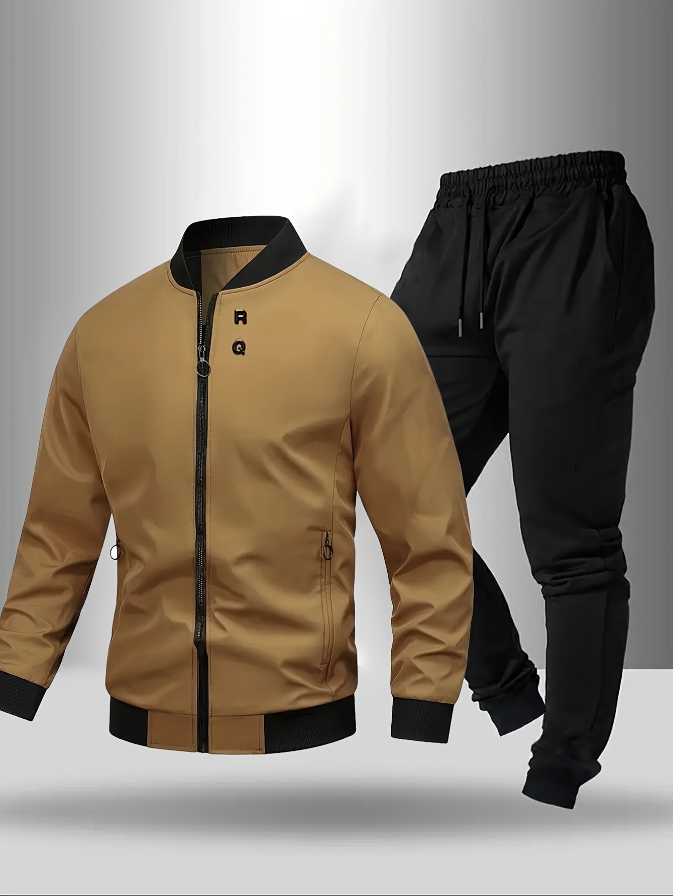 Men'S Casual Two-Piece Athletic Set - Black Baseball Collar Jacket with Zipper, Elastic Waistband Pants, Regular Fit for Spring/Fall, Spring Outerwear | Sporty Casualwear | Zippered Jacket
