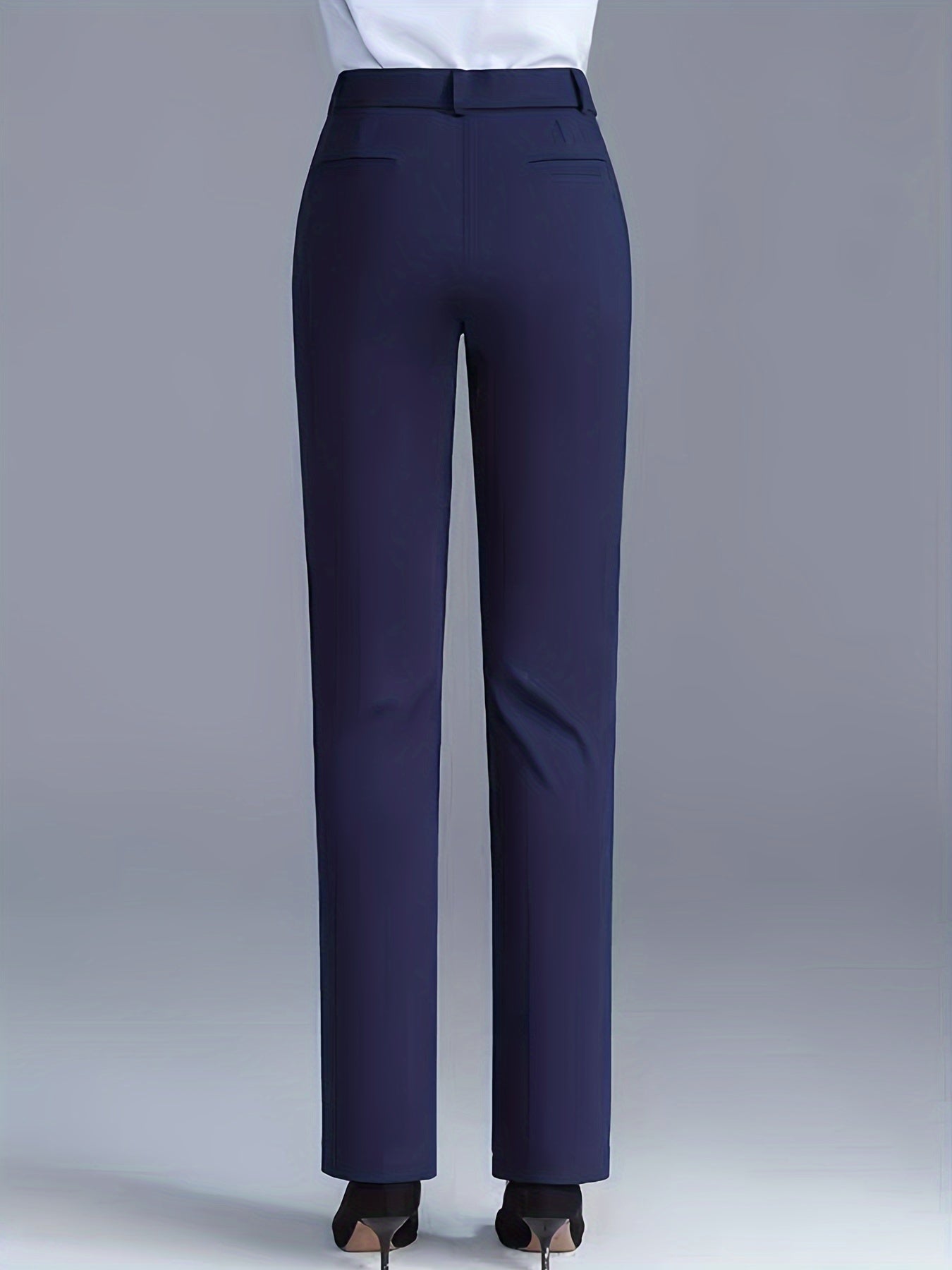 Women'S High-Waisted Straight-Leg Trousers, Casual Style, Solid Color, Polyamide 50% Viscose 50% Elastane 8%, Woven Fabric, 300g/m², Button Detail, Suit Pants for Work and Leisure - Black