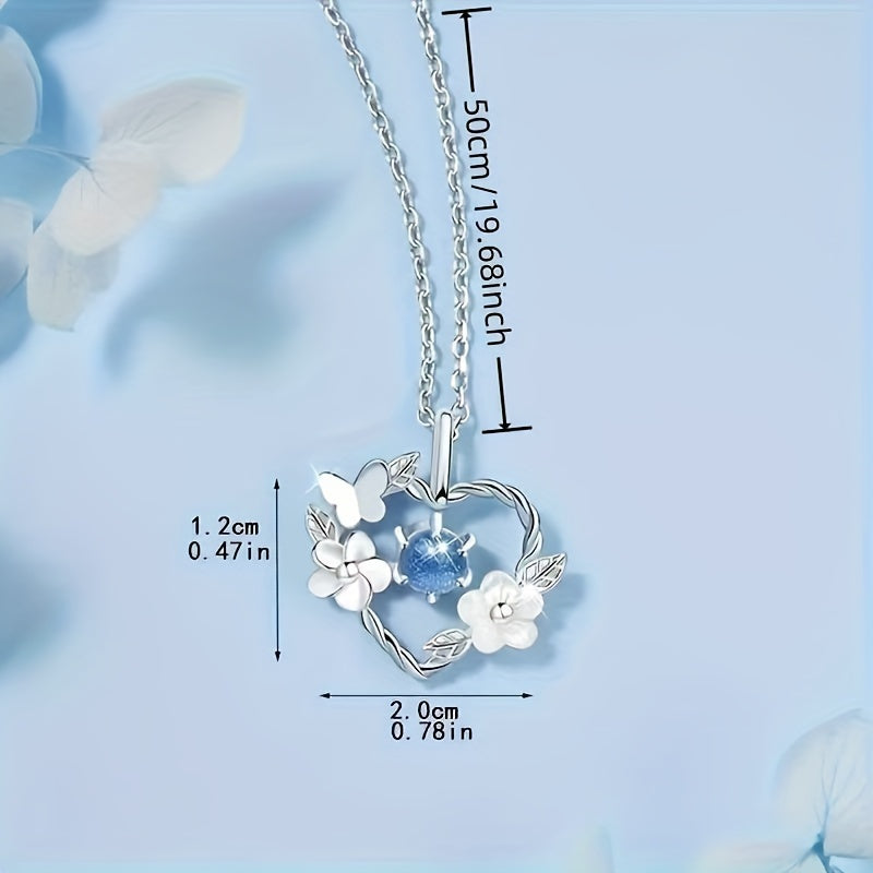Elegant Heart Pendant Necklace with Synthetic Blue Gem and Floral Design for Women, Glass Main Material, Non-Plated, Ideal for Daily Wear and Valentine's Day Gift - All Season Compatible