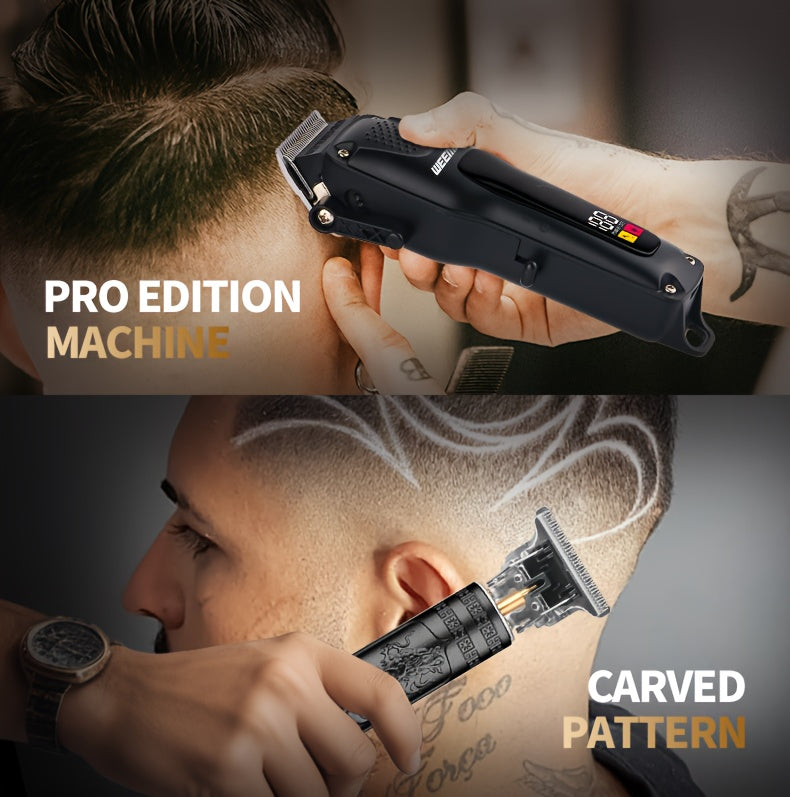 WEEME 3pcs Men's Grooming Kit: Black USB Rechargeable Electric Clipper + T-Blade Trimmer + Shaver Combo, featuring an LCD display and anti-slip textured design for precise haircuts, beard trimming, and sideburns styling—per
