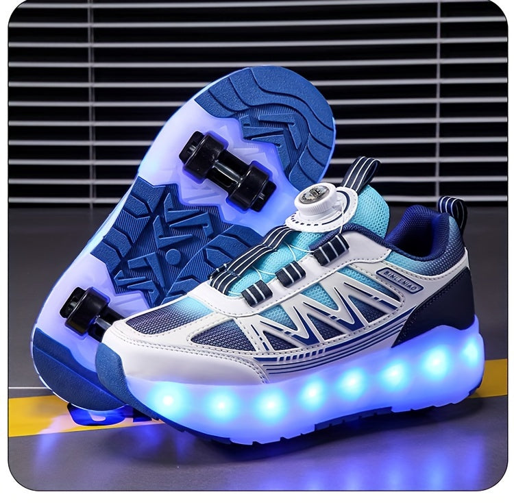 Youth Skate Shoes with LED Lights, Four-Wheel Detachable, Street Fashion, Trendy Style, Random Pattern, All-Season, Sports and Outdoor Scene, Roller Skating, Rotary Buckle Closure, Breathable and Adjustable Brightness, Upper,