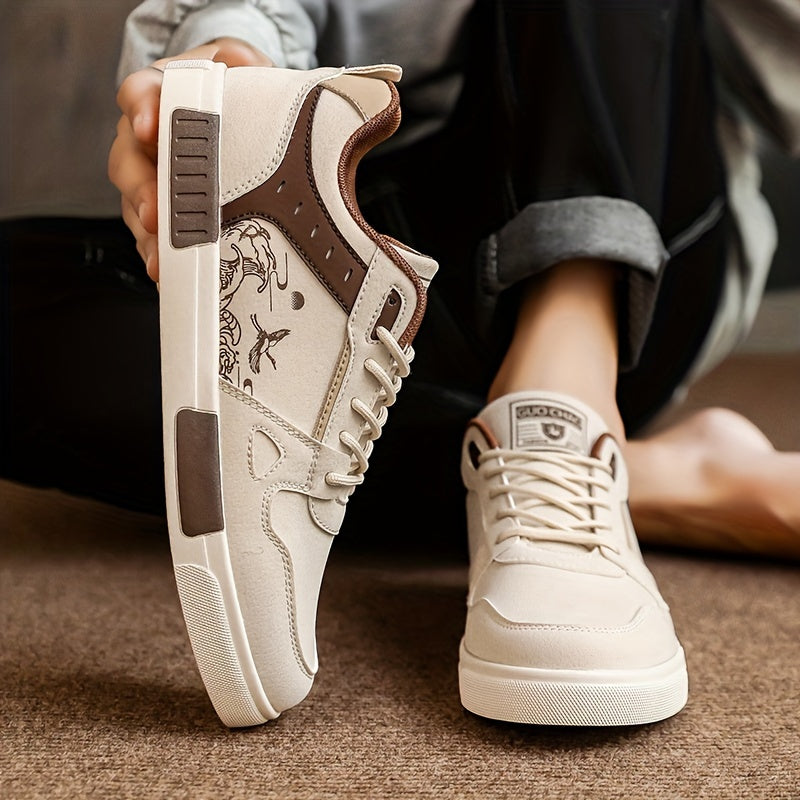 Men's Spring Collection Black and Beige Casual Sneakers - Anti-Slip, Odor-Resistant, Thick Rubber Sole for Height Boost, Lace-Up Sports Shoes with Fish Design
