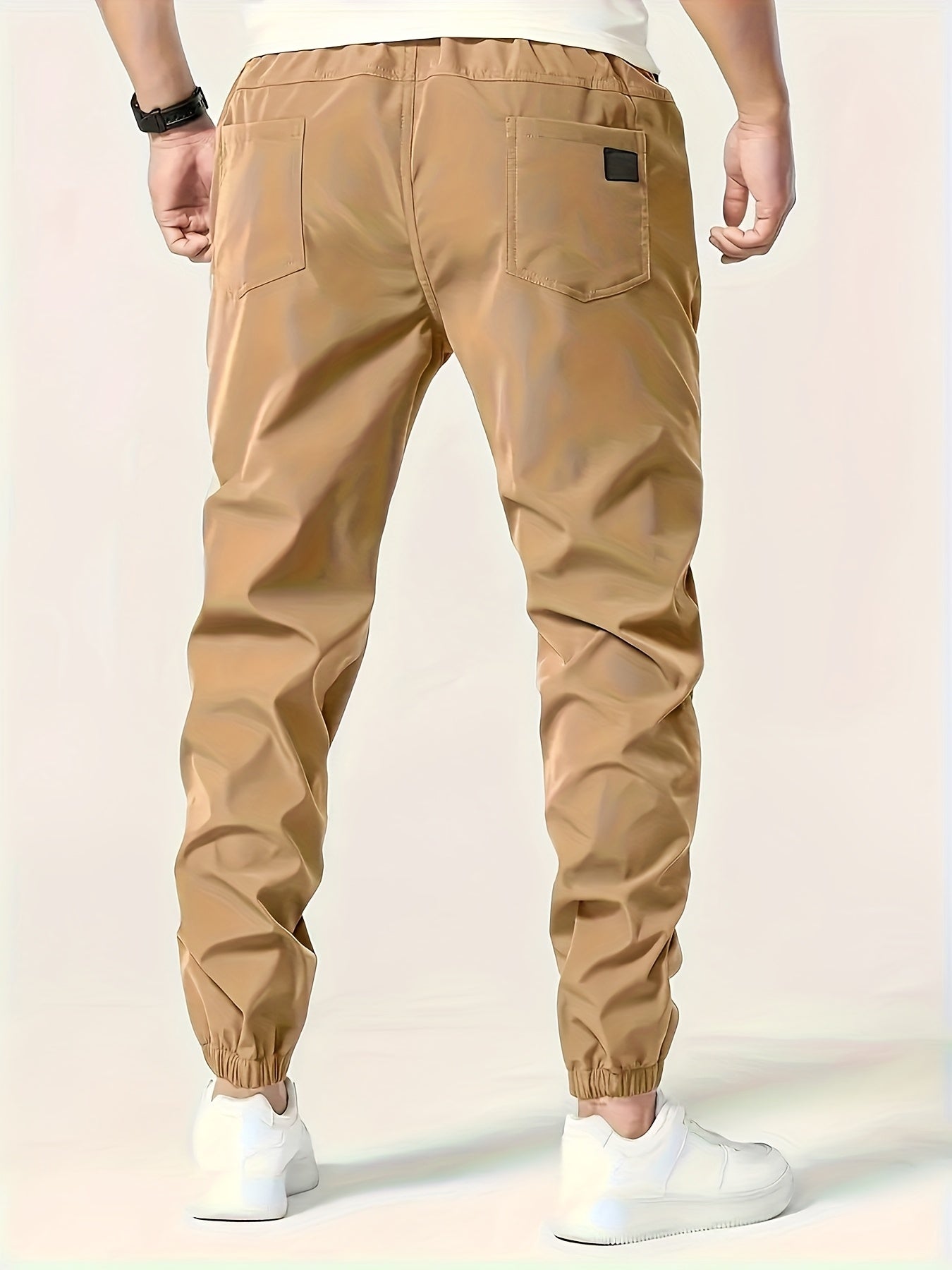 Men's Beige Cargo Pants with Multiple Pockets - Machine Washable, Comfortable Loose Fit, Ideal for Outdoor Activities, Durable Polyester Fabric