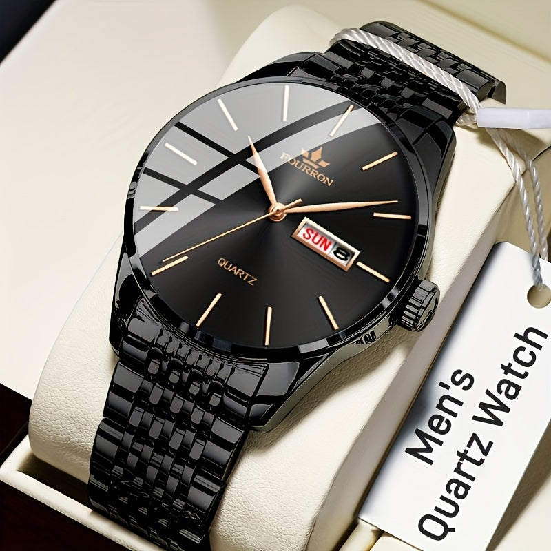 An Ideal Choice For A New FOURRON Brand Men's Luxury Stainless Steel Strap Simple Dial Quartz Watch With Date Calendar, Trendy Fashion Sports Casual Lifestyle Travel Multi-function Watch, Ideal For Friends' Birthdays, Holiday