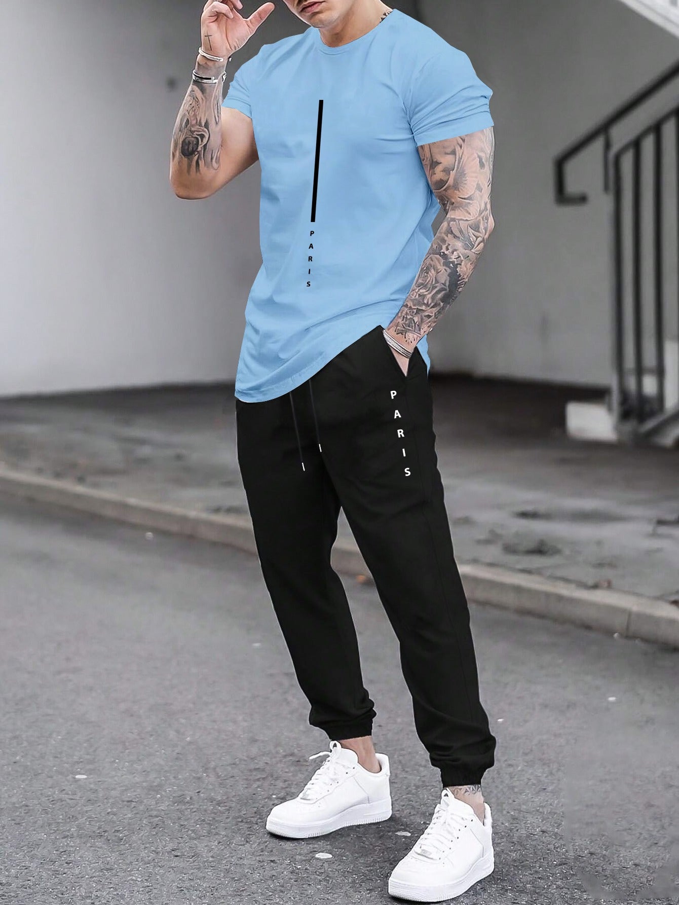 1set Men'S Casual Sportswear Set, Geometric Pattern Short Sleeve T-Shirt and Drawstring Joggers, Knitted Polyester and Elastane Blend, Round Neck, Regular Fit, Four Seasons Outfit