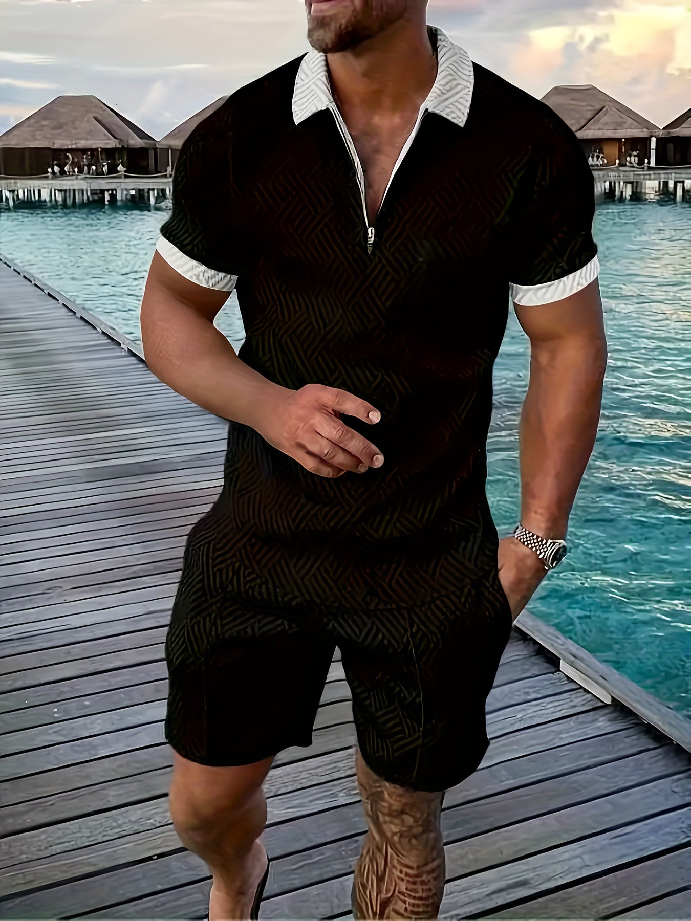 Men'S Tropical Print Casual Suit - Black Short Sleeve Zipper Shirt with White Pockets Shorts, Polyester, Machine Washable, Summer Beachwear, Summer Wear | Relaxed Fit Shirt | Woven Texture