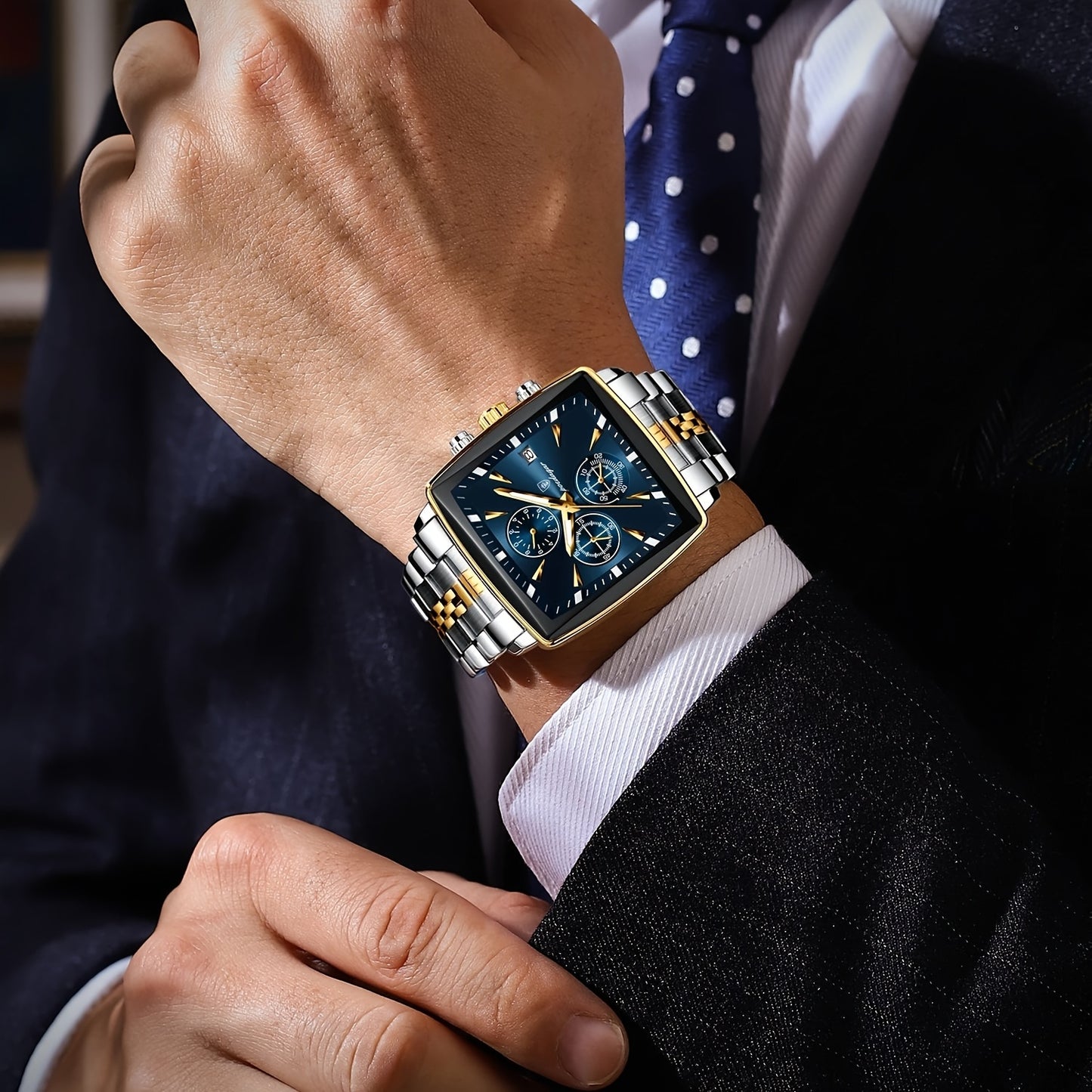 POEDAGAR Men's Stainless Steel Luminous Watch - Blue Dial Chronograph, High Quality Quartz Movement with Date Calendar, Golden-Tone Accents for Business Casual & Casual Attire, Formal Accessory, Stylish Accessory, Refined Cra