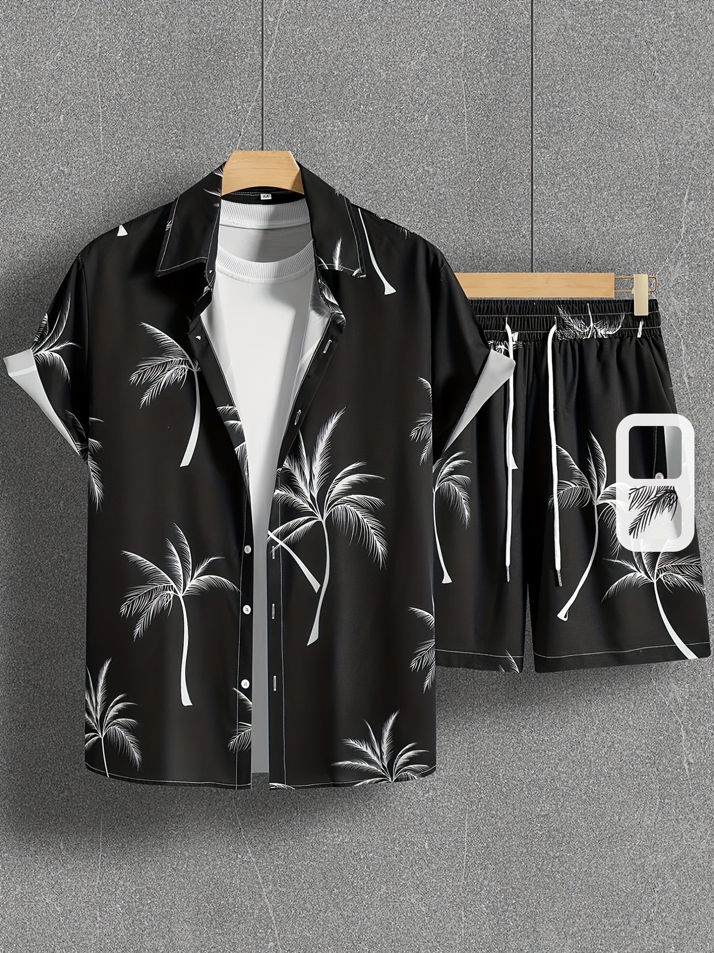 Coconut Tree Print, Men's 2Pcs Outfits, Casual Camp Collar Lapel Button Up Short Sleeve Shirts Hawaiian Shirt And Drawstring Shorts Set For Summer, Men's Clothing