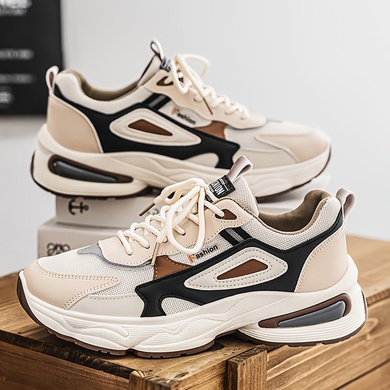 Men's Fashion Sneakers - White/Black/Brown PU Upper, Breathable Fabric Lining & Cushioned EVA Insole, Durable PVC Sole, Lace-Up Mid-Top Design for All-Season Casual & Daily Wear, High Top Sneakers, Versatile Footwear, Modern