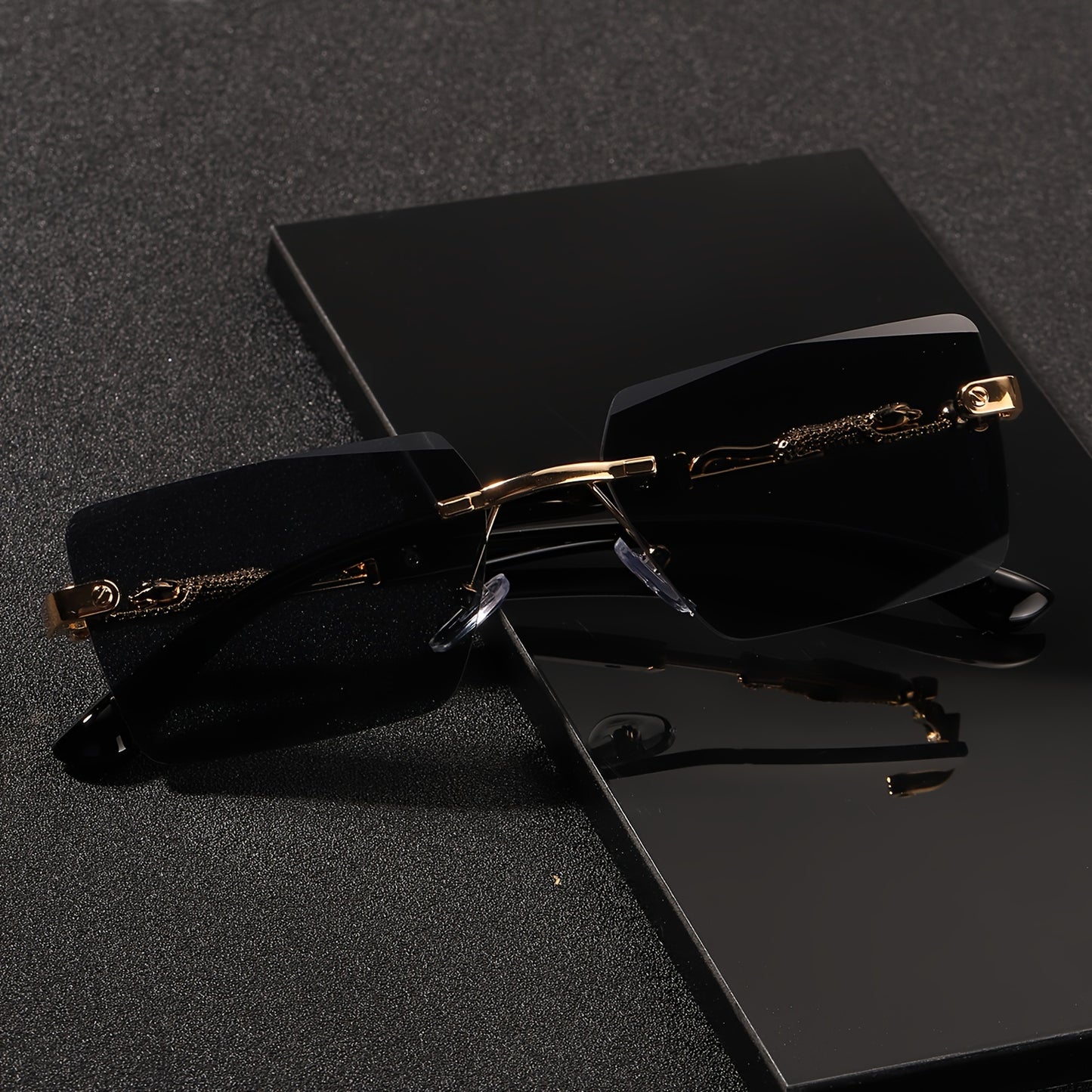 A pair of fashionable glasses with a retro style, featuring rimless leopard print temples and a compact trendy frame
