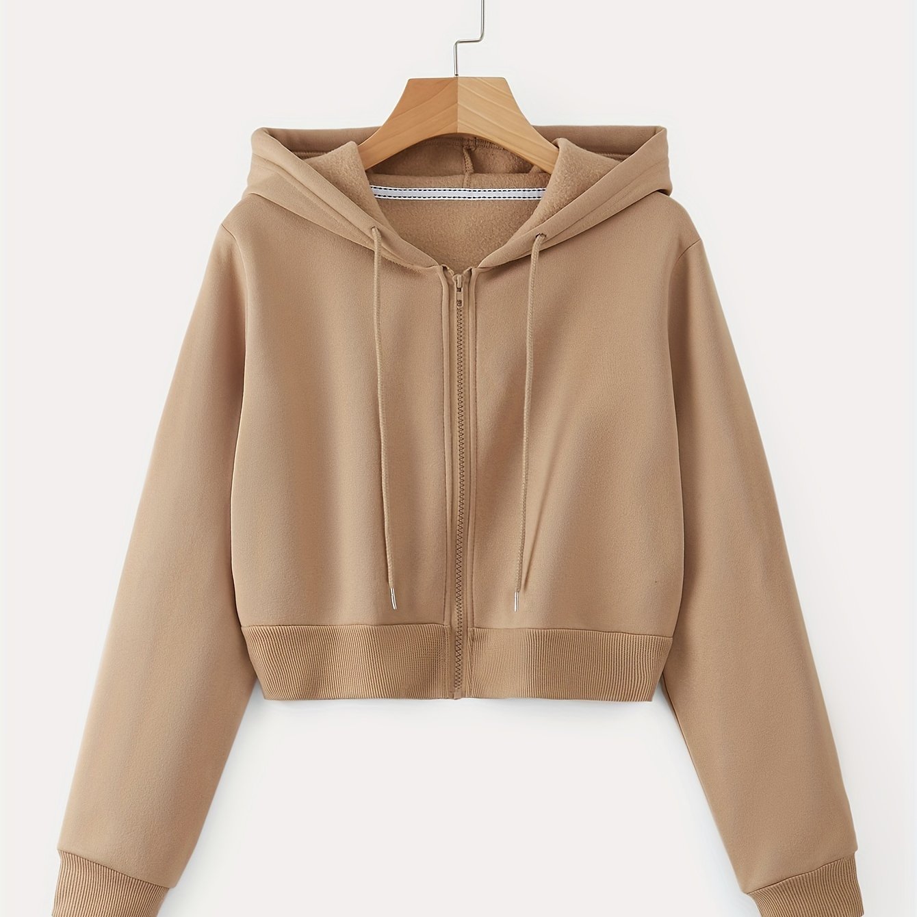 Zip Up Cropped Drawstring Hoodie, Casual Long Sleeve Sweatshirt For Spring & Fall, Women's Clothing